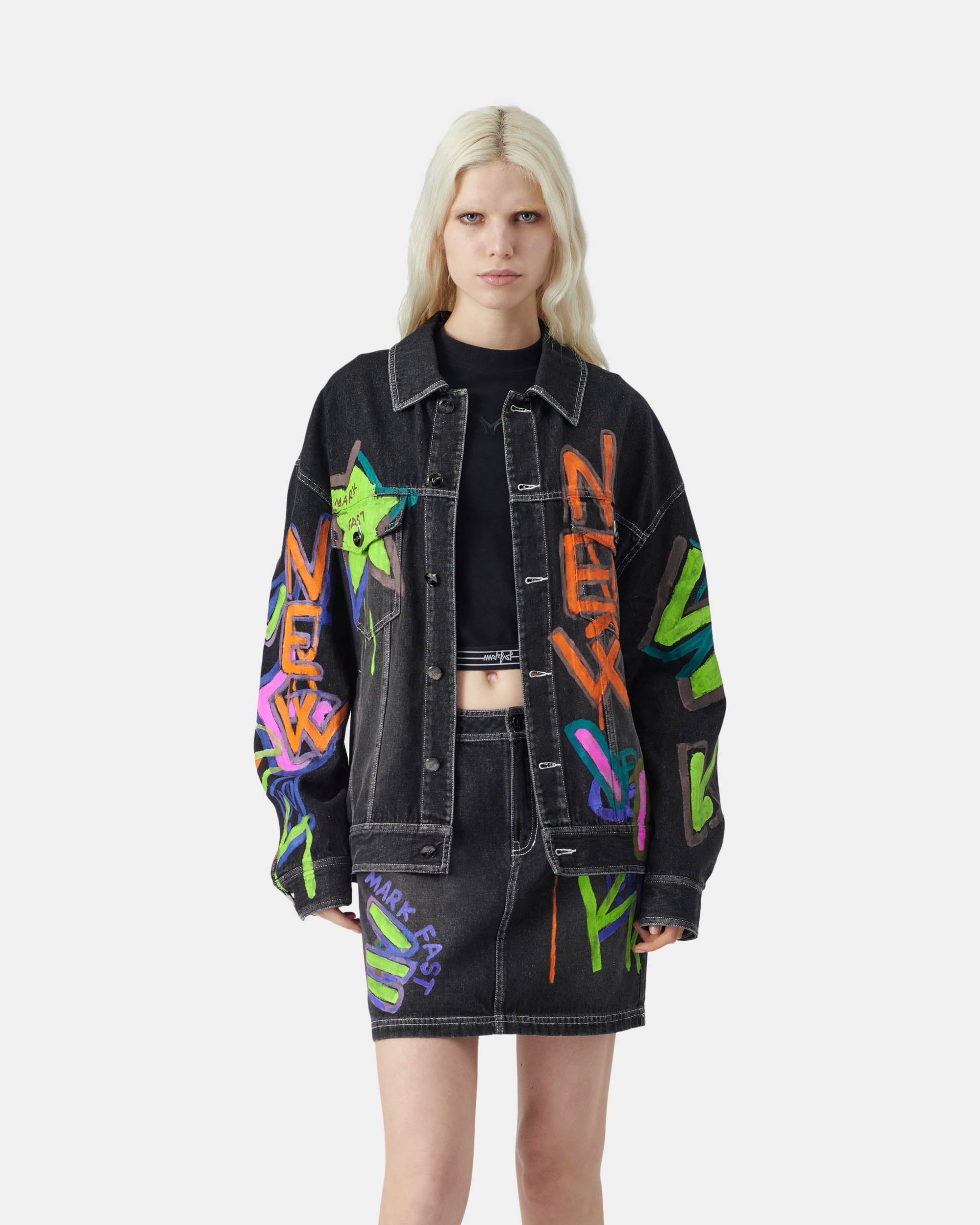 Unisex graffiti print black denim jacket