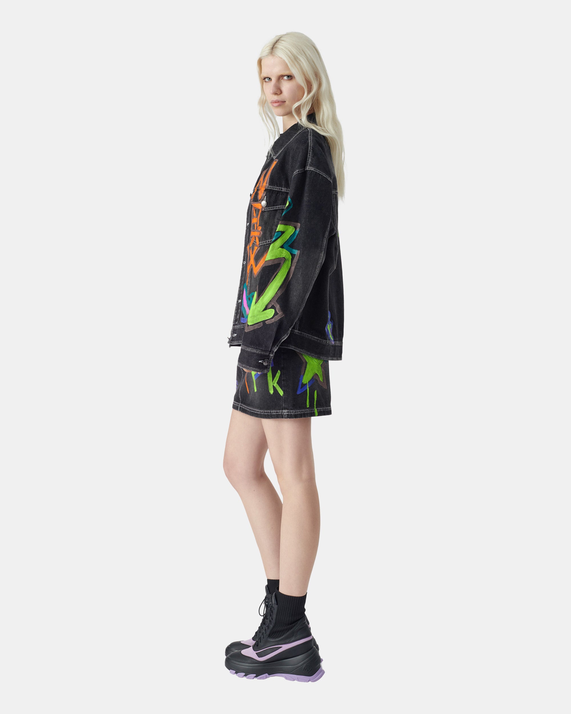 Unisex graffiti print black denim jacket