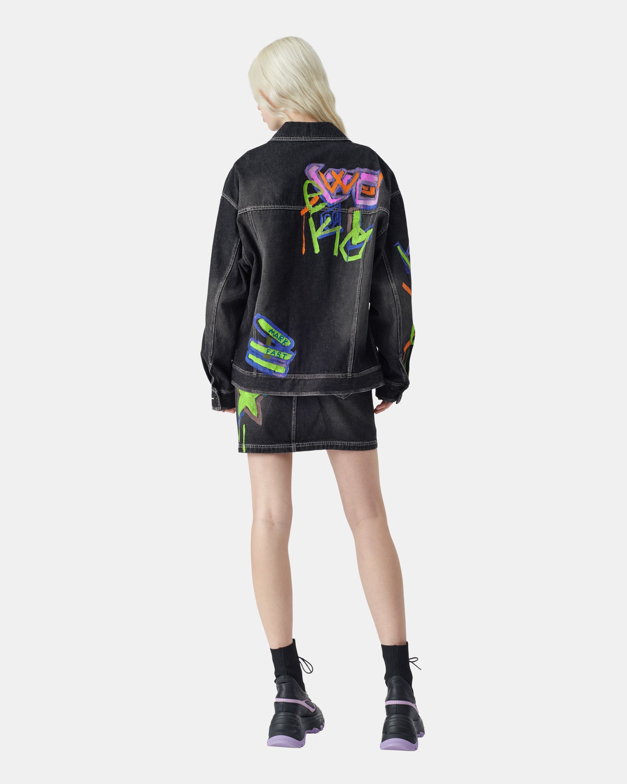 Unisex graffiti print black denim jacket