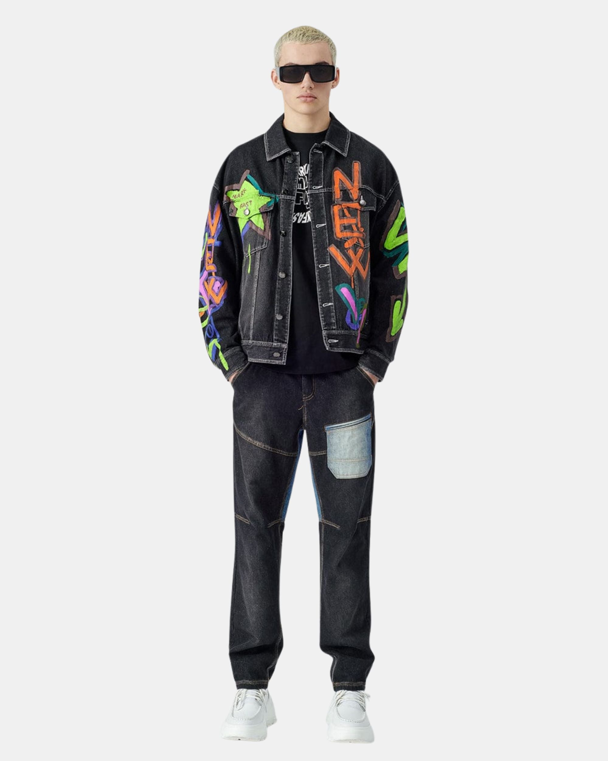 Unisex graffiti print black denim jacket