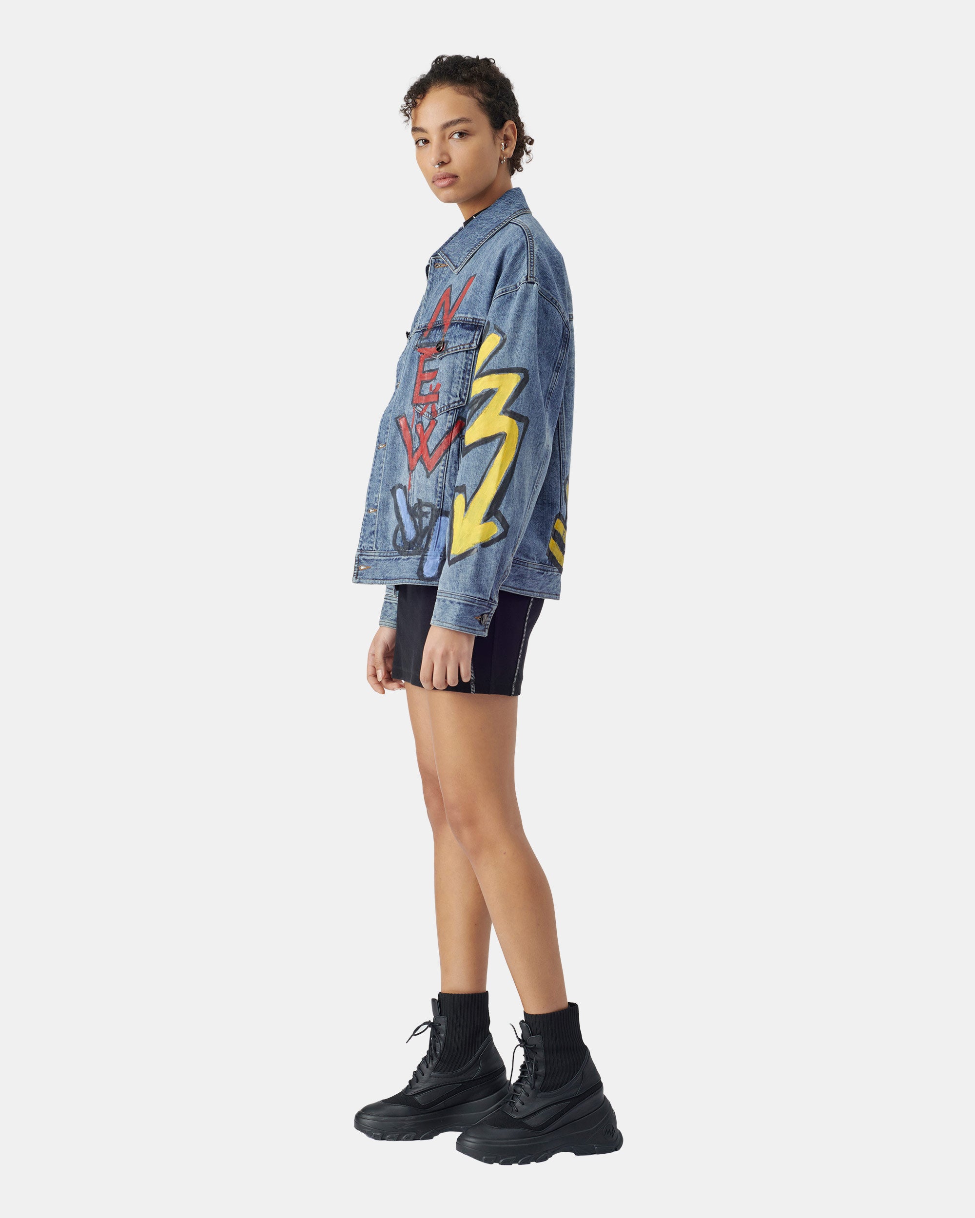 Unisex Metallic Star Graffiti Bleached Denim Jacket