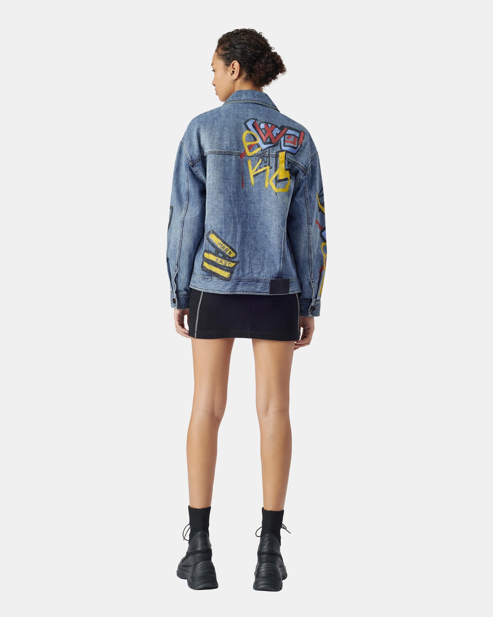 Unisex Metallic Star Graffiti Bleached Denim Jacket