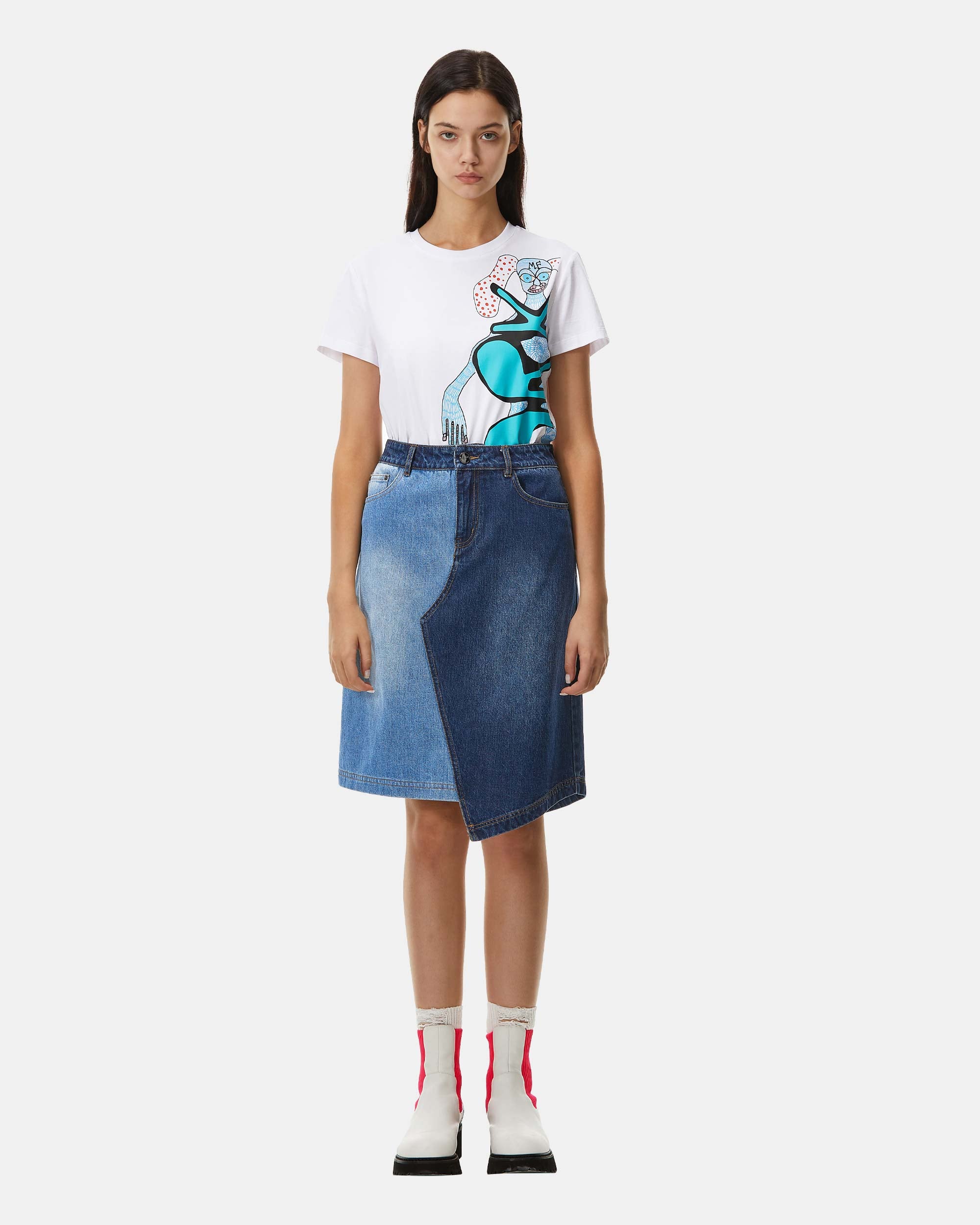 Women's Color Block Asymmetric Denim Skirt