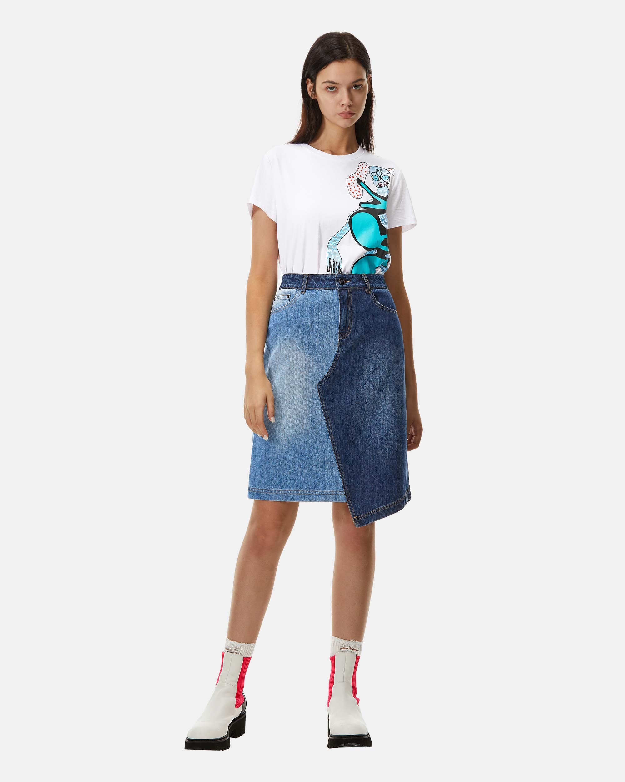 Women's Color Block Asymmetric Denim Skirt