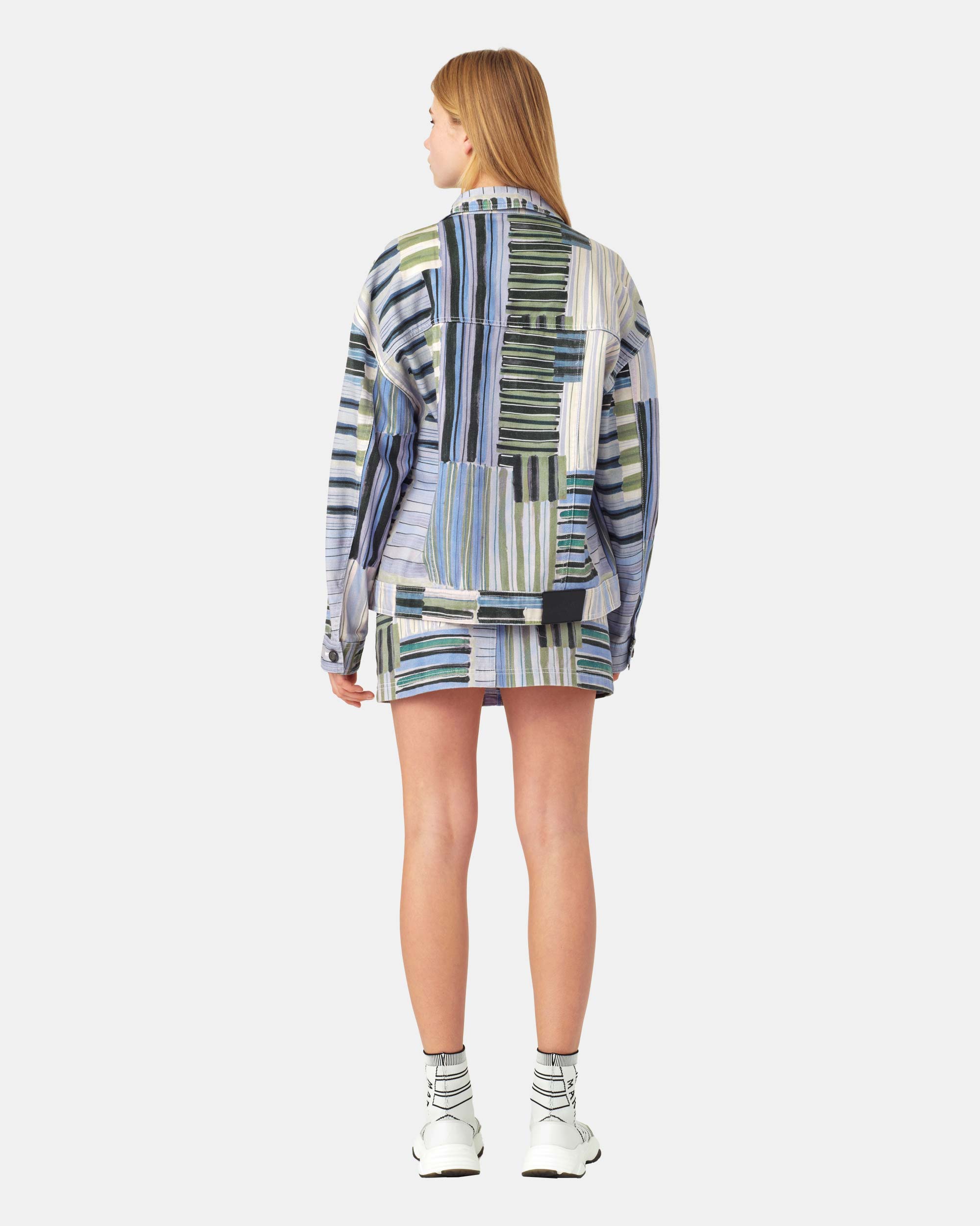 Women's Abstract Patchwork Striped Front Zip Denim Mini Skirt