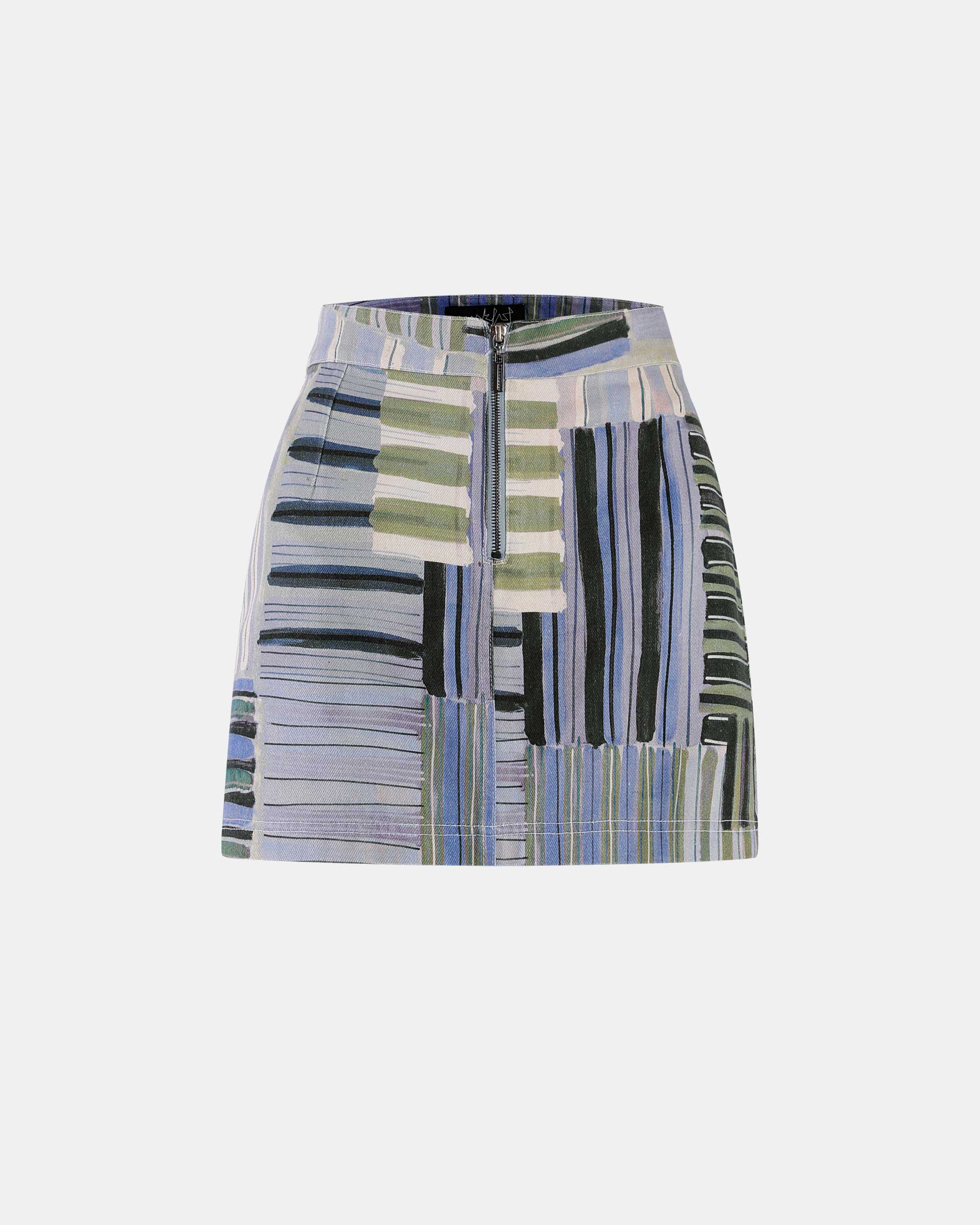 Women's Abstract Patchwork Striped Front Zip Denim Mini Skirt
