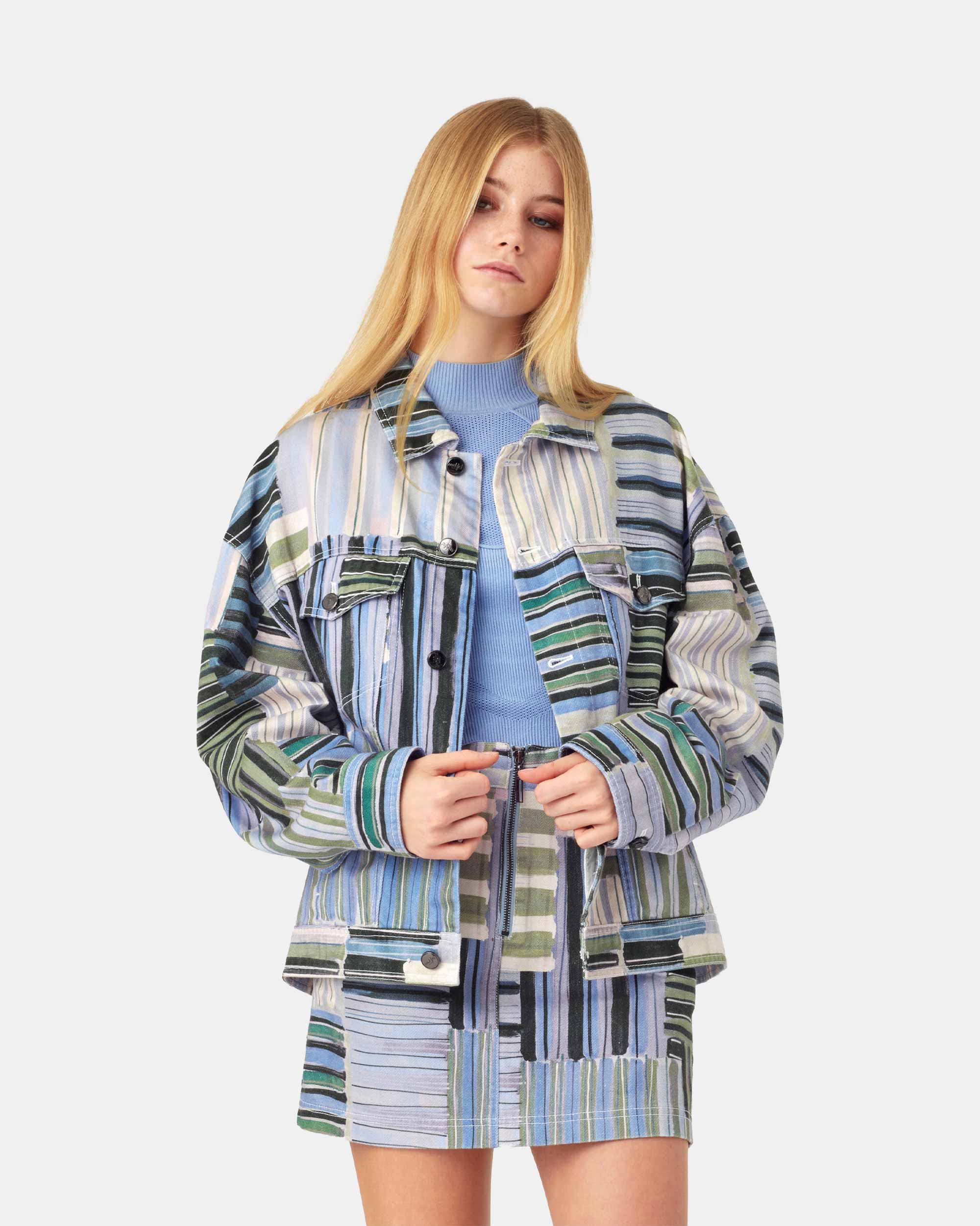 Women's Abstract Patchwork Striped Front Zip Denim Mini Skirt