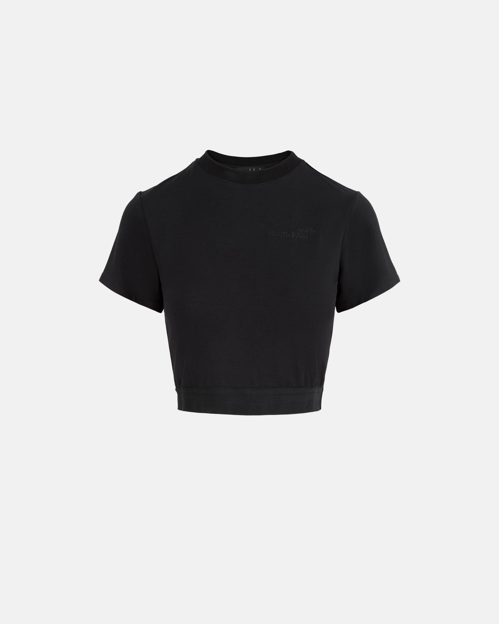 Women's Banded Waist Black Short Sleeve Micro Crop T-Shirt