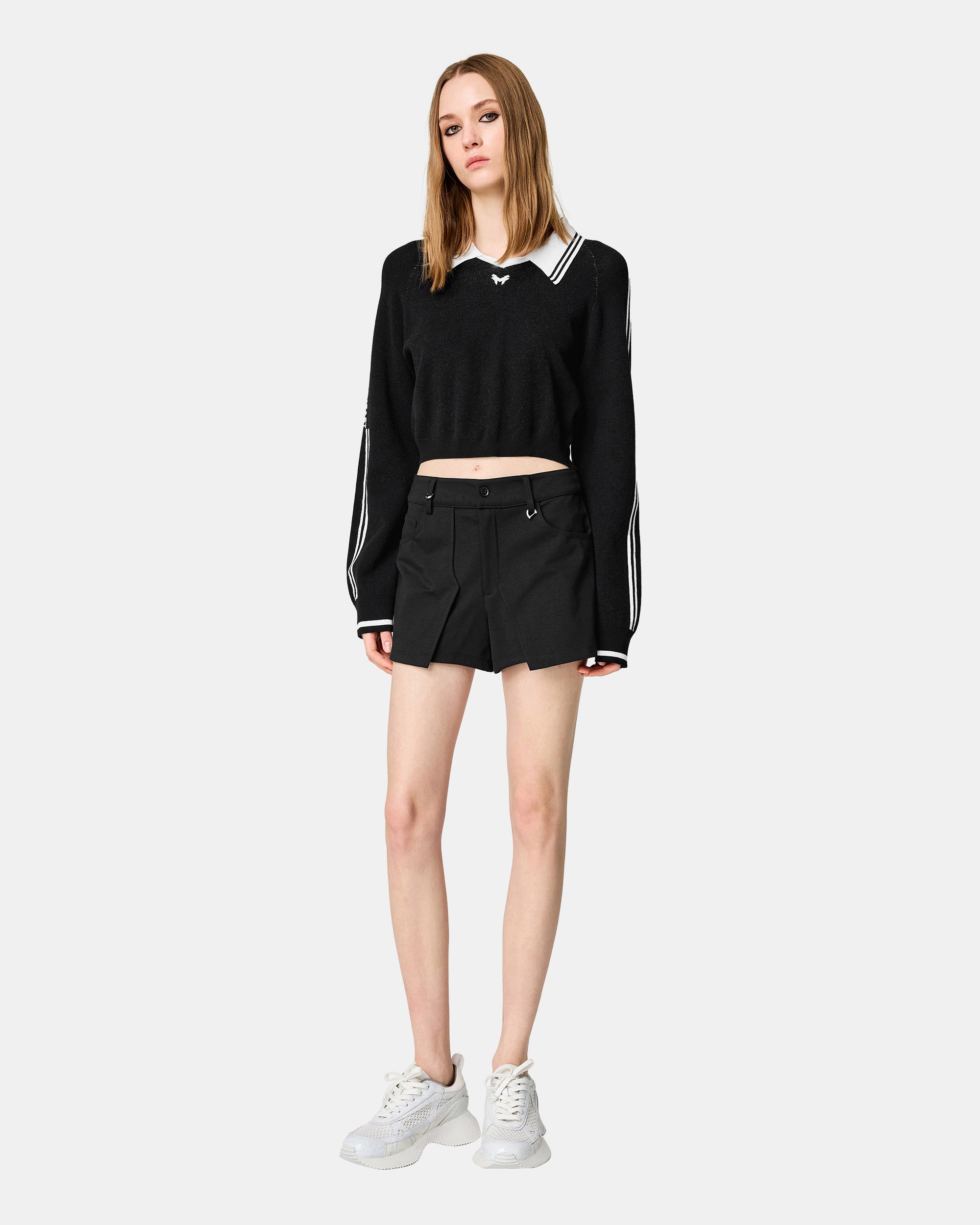 Women's Black Lapel Sports Knit Pullover