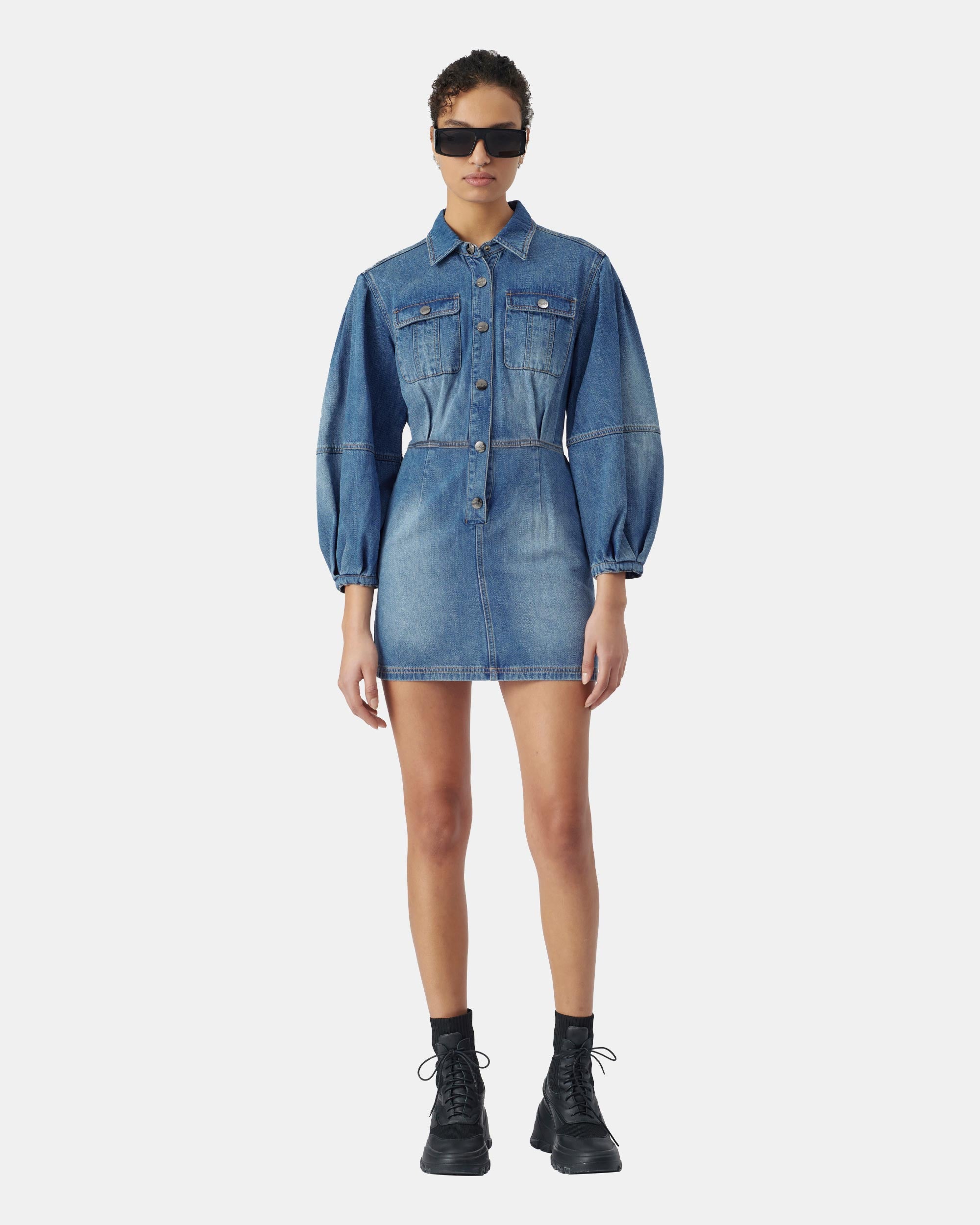 Women's Button Up Lantern Sleeve Utility Denim Mini Dress in Mid Blue