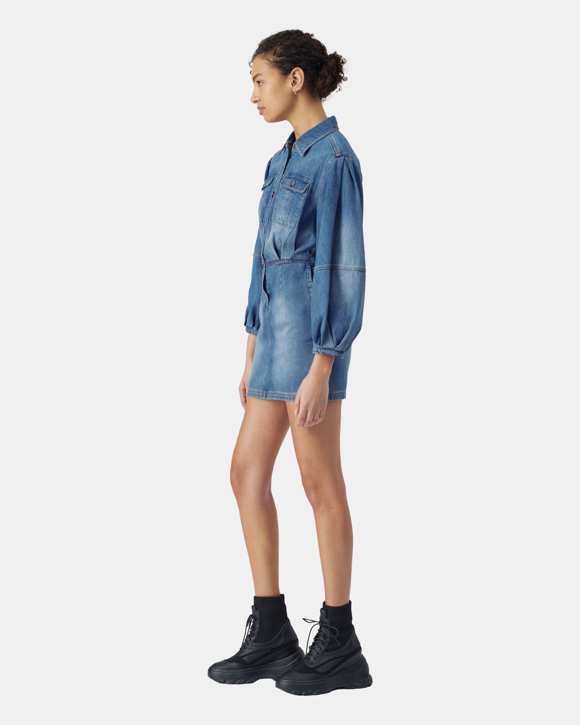 Women's Button Up Lantern Sleeve Utility Denim Mini Dress in Mid Blue