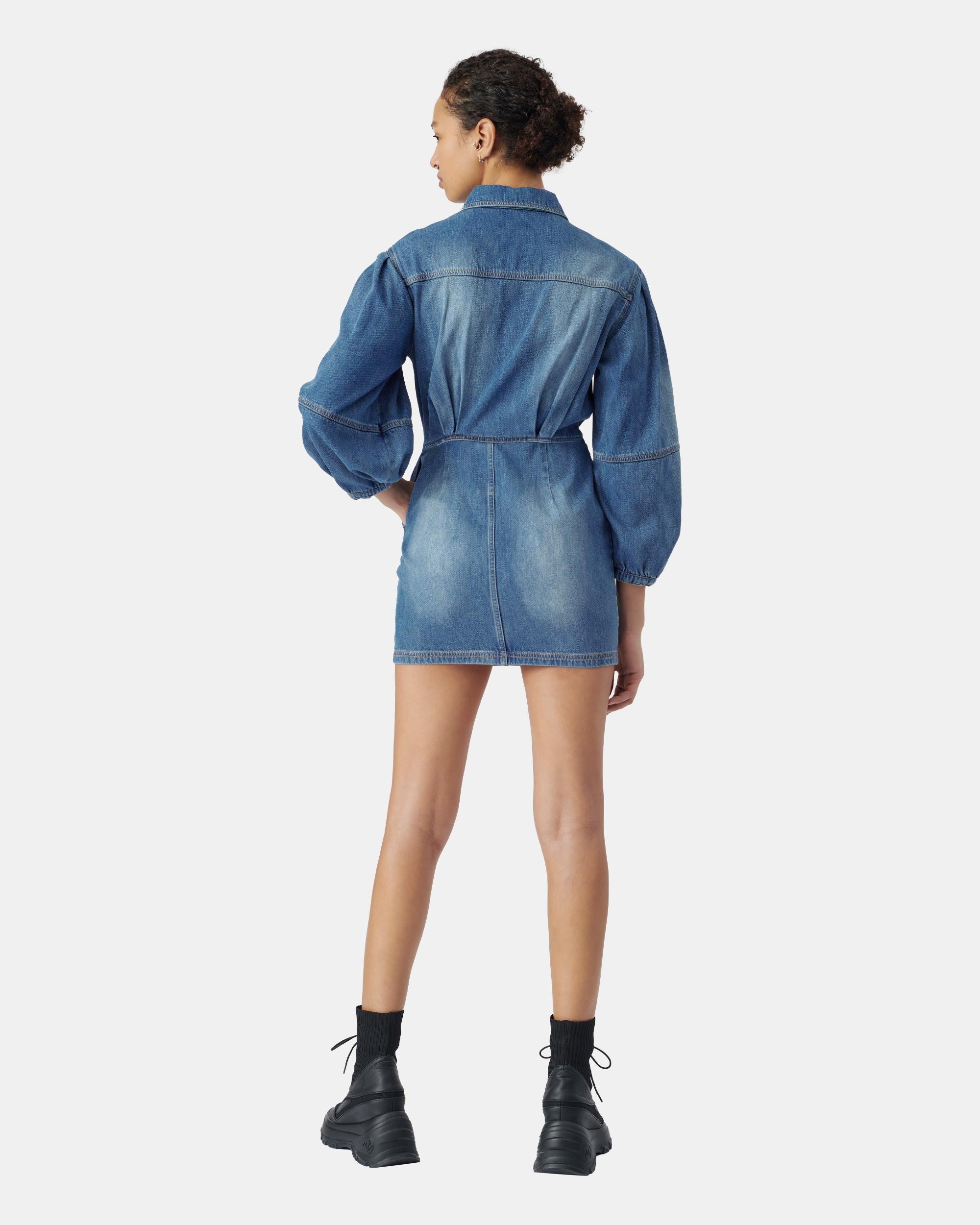 Women's Button Up Lantern Sleeve Utility Denim Mini Dress in Mid Blue