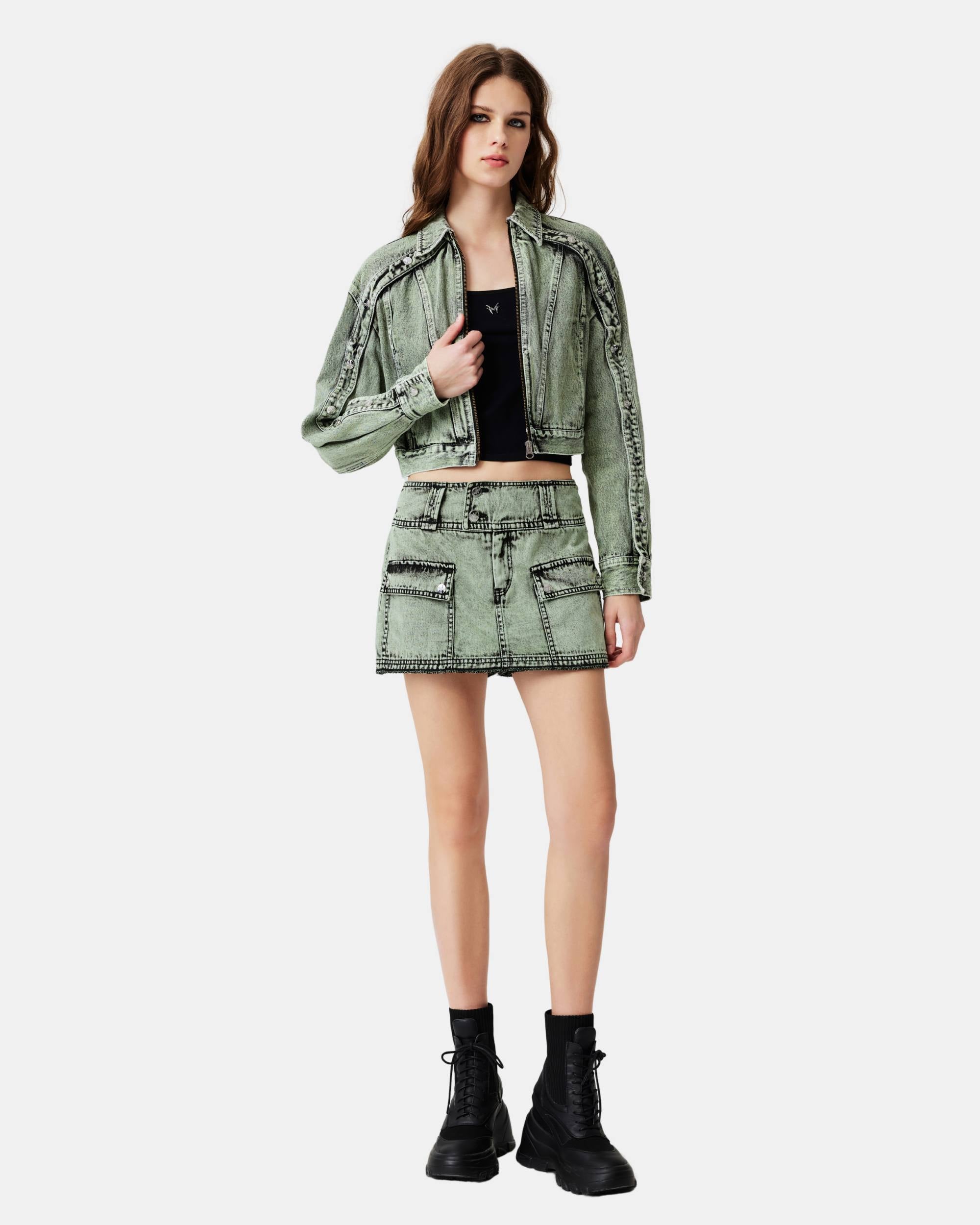 Women's Contrast Seam Zip-Up Denim Cropped Jacket