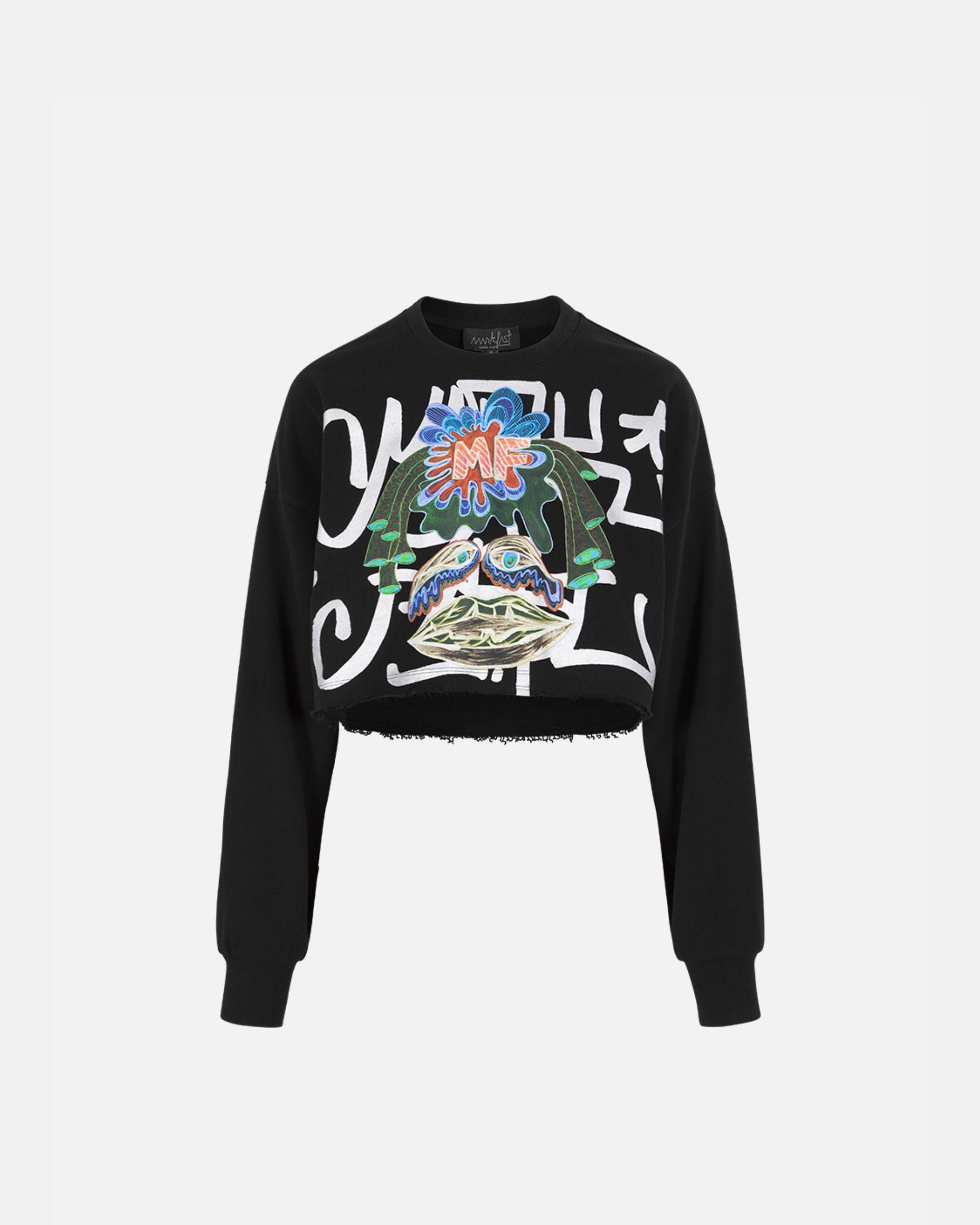 Women's Abstract Print Raw Edge Cropped Hoodie Sweatshirt