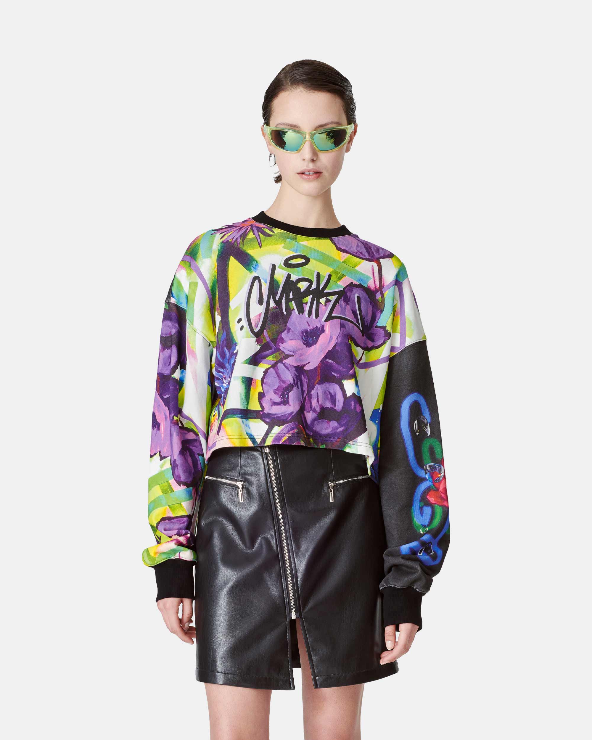 Women's Graffiti Floral Print Ultra Cropped Artistic Sweatshirt