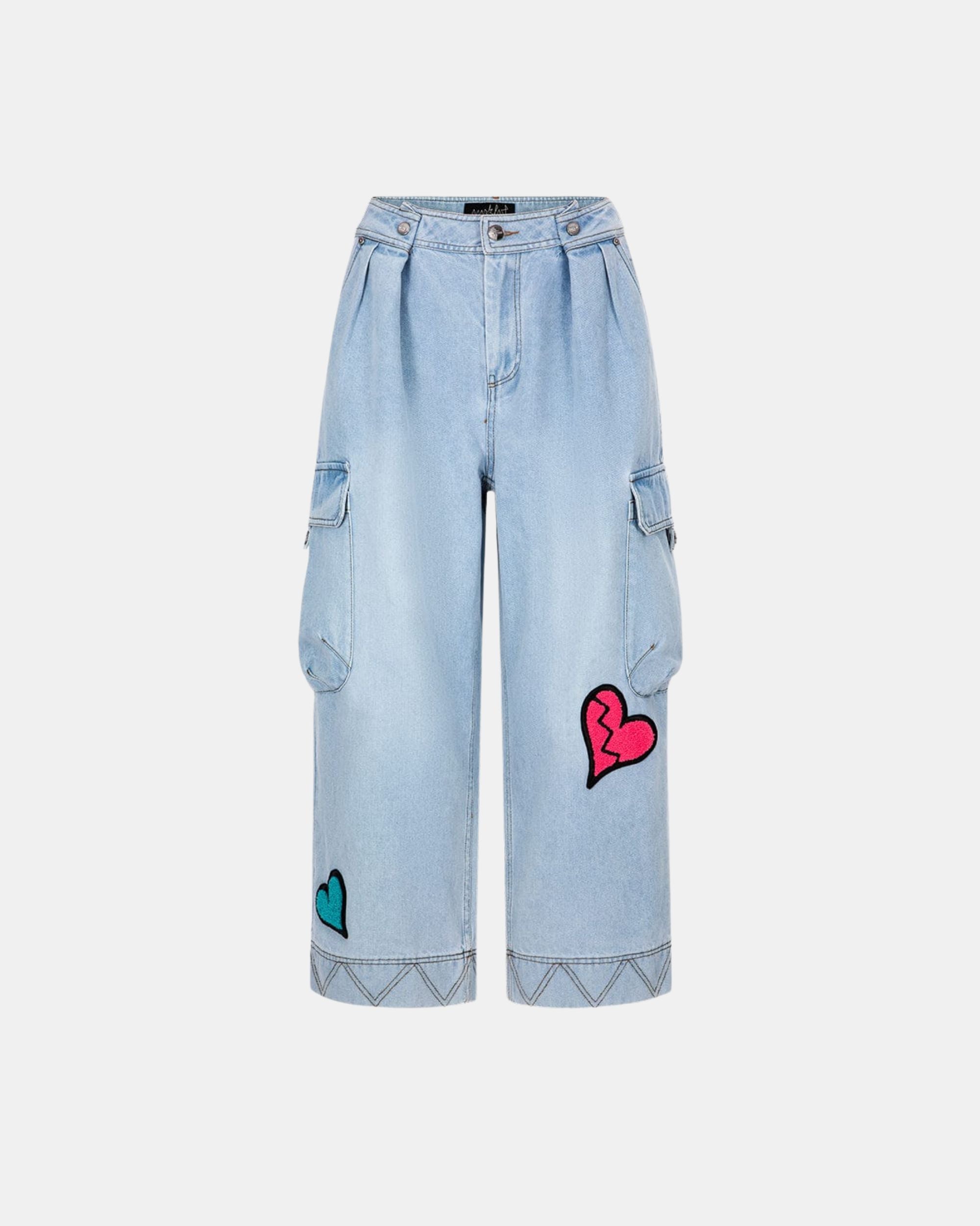 Women's High-Waisted Loose Straight-Leg Cropped Jeans with Heart Patches