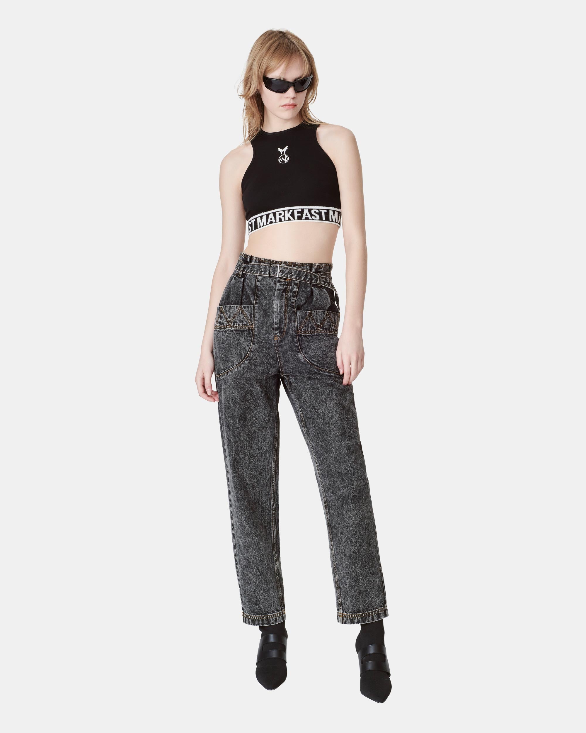 Women's High Waisted Acid Wash Black Paperbag Tapered Jeans
