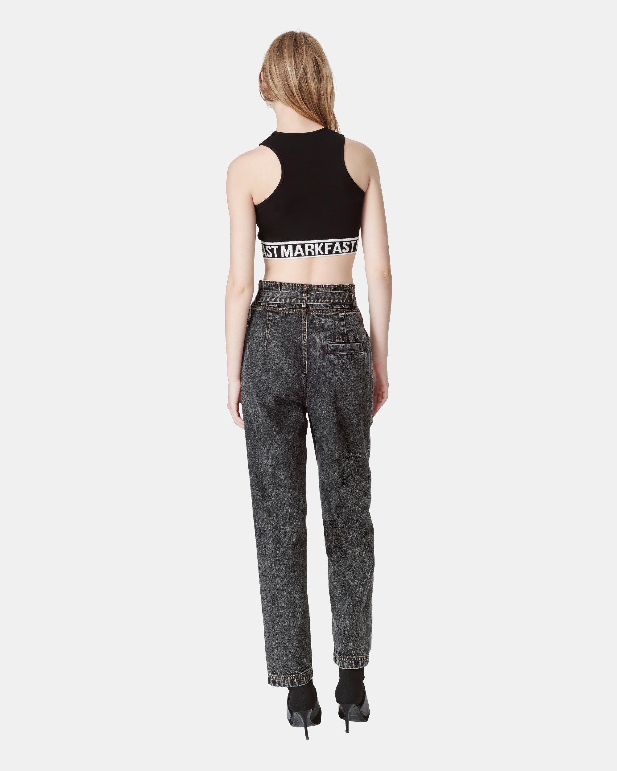 Women's High Waisted Acid Wash Black Paperbag Tapered Jeans