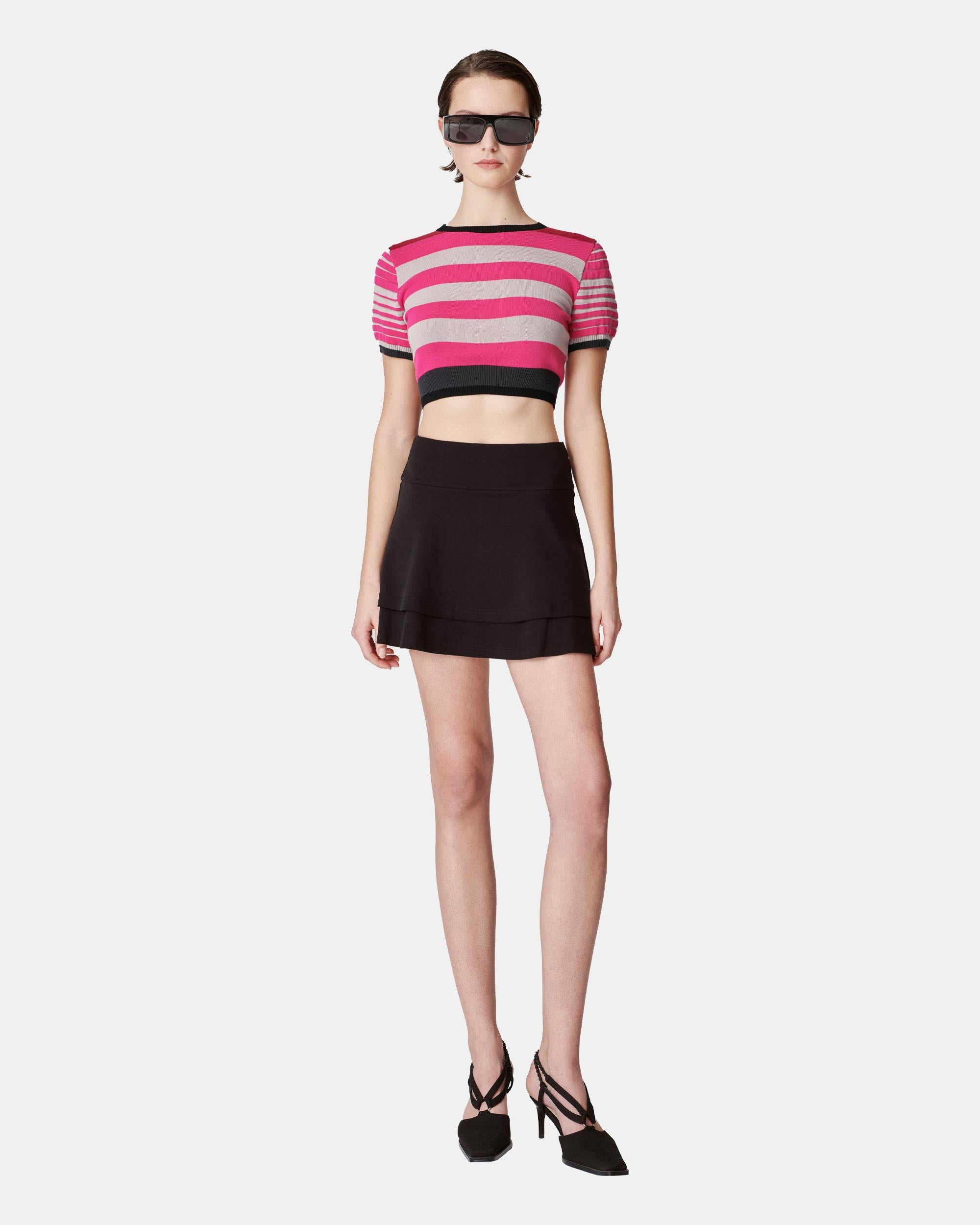 Women's Hot Pink Contrast Stripe Short Sleeve Cropped Sweater