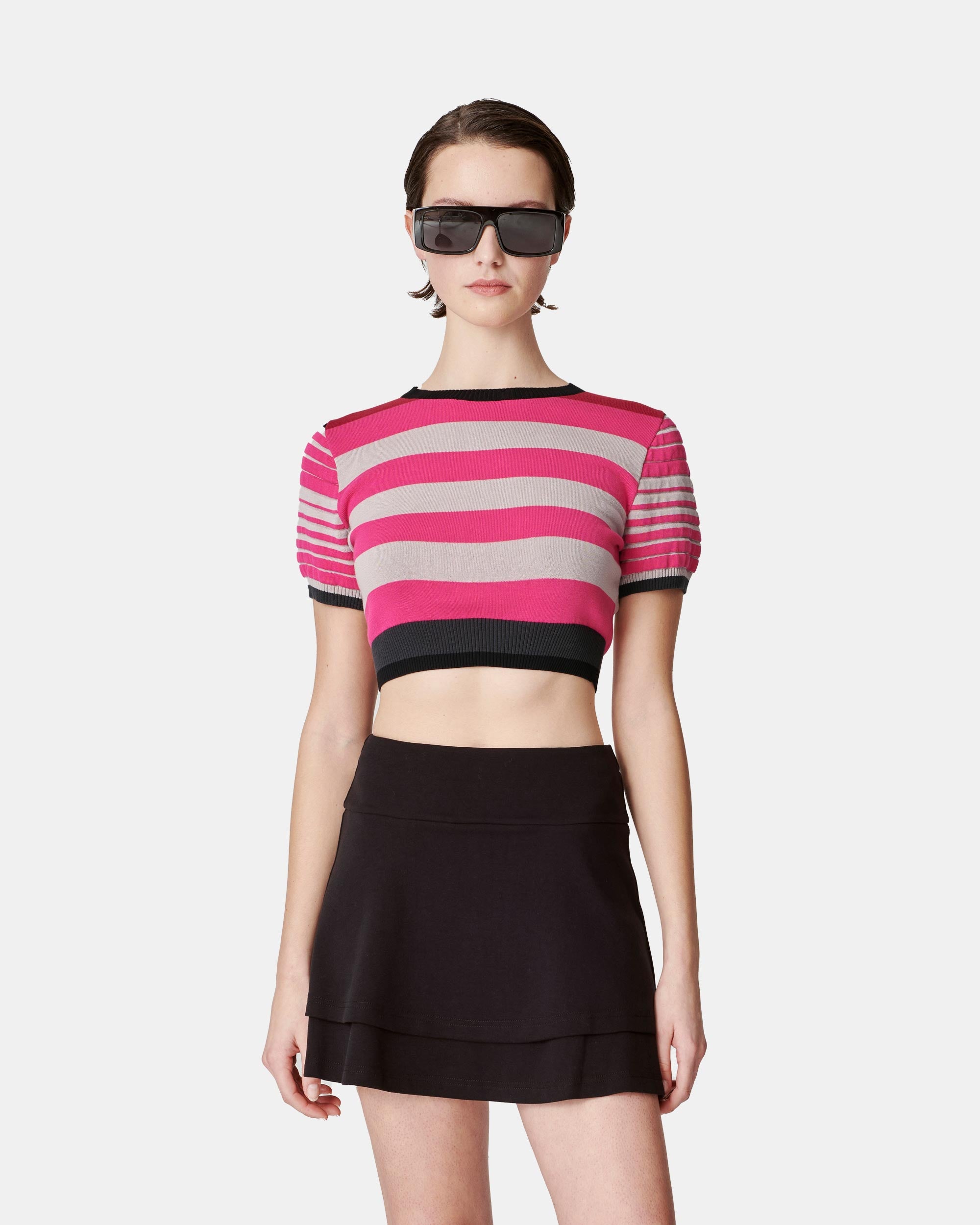 Women's Hot Pink Contrast Stripe Short Sleeve Cropped Sweater