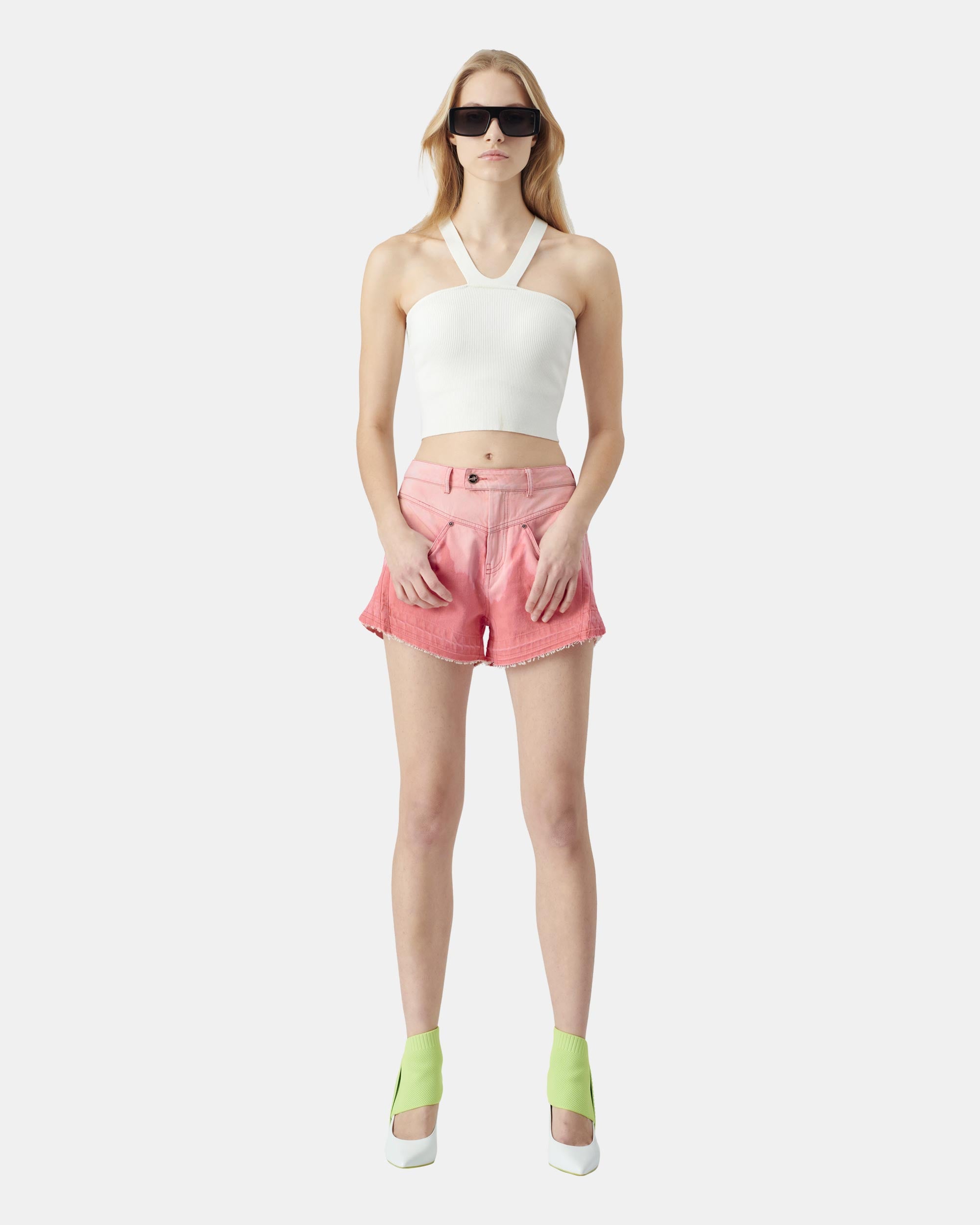 Women's Light Pink Tie-Blend Denim Shorts