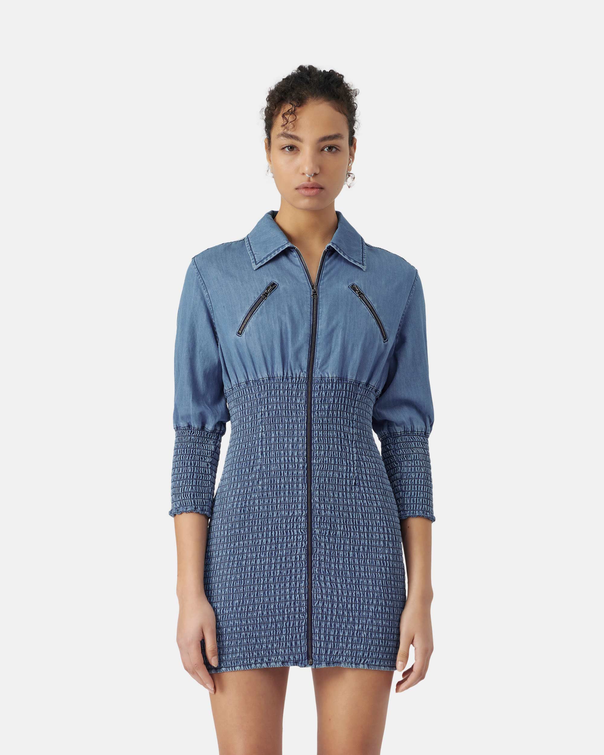 Women's Mid Blue Ruched Denim Dress