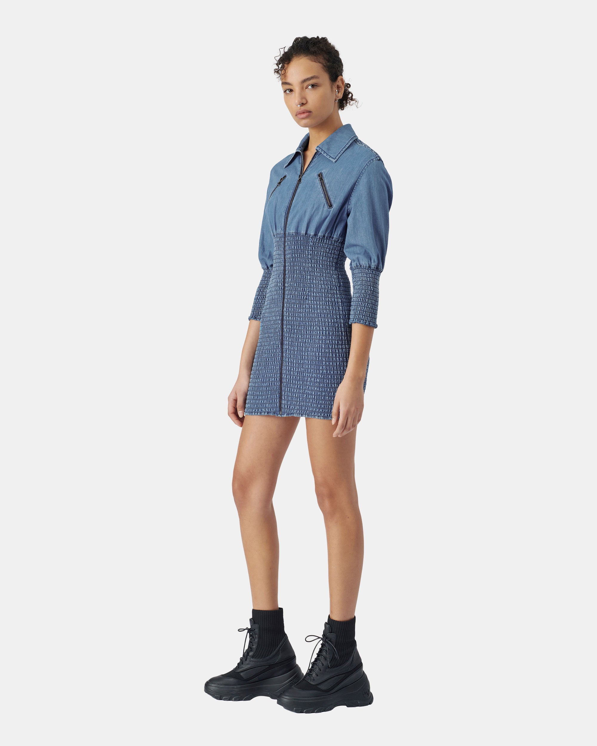 Women's Mid Blue Ruched Denim Dress