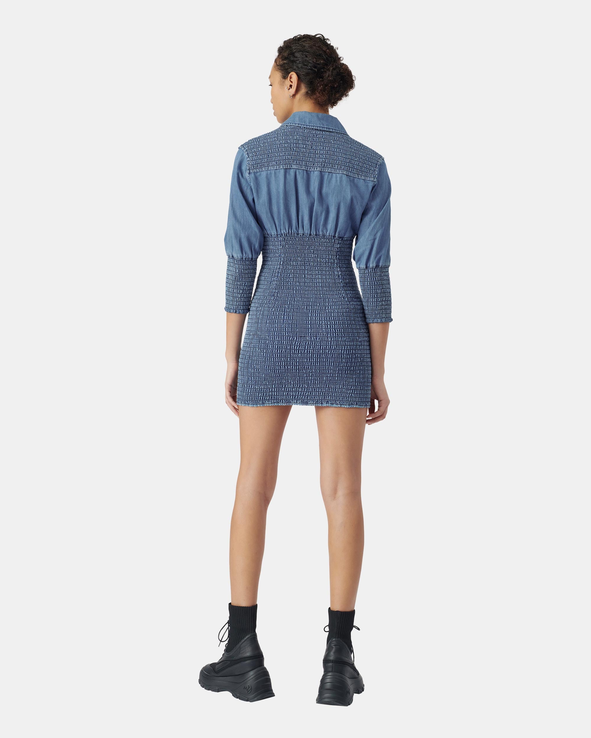 Women's Mid Blue Ruched Denim Dress