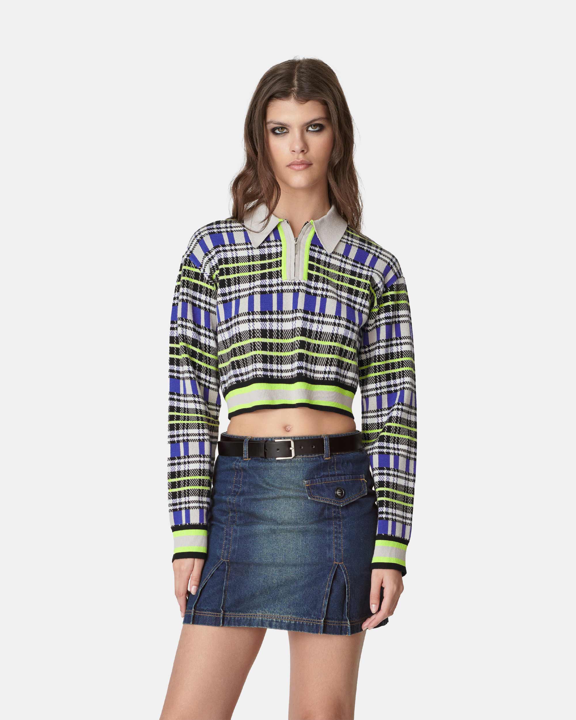 Women's Neon Plaid Checkered Half Zip Cropped Polo Sweater