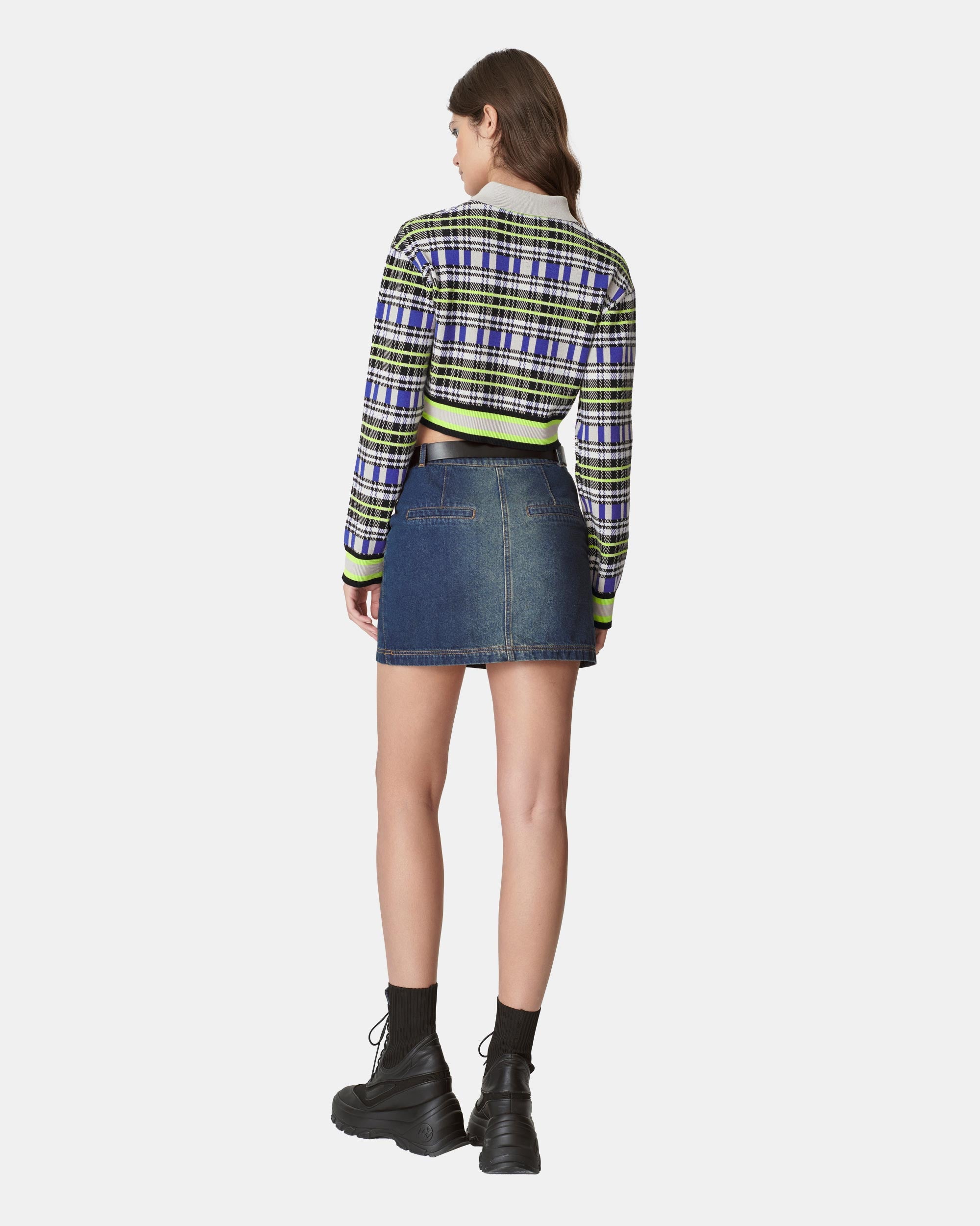 Women's Neon Plaid Checkered Half Zip Cropped Polo Sweater