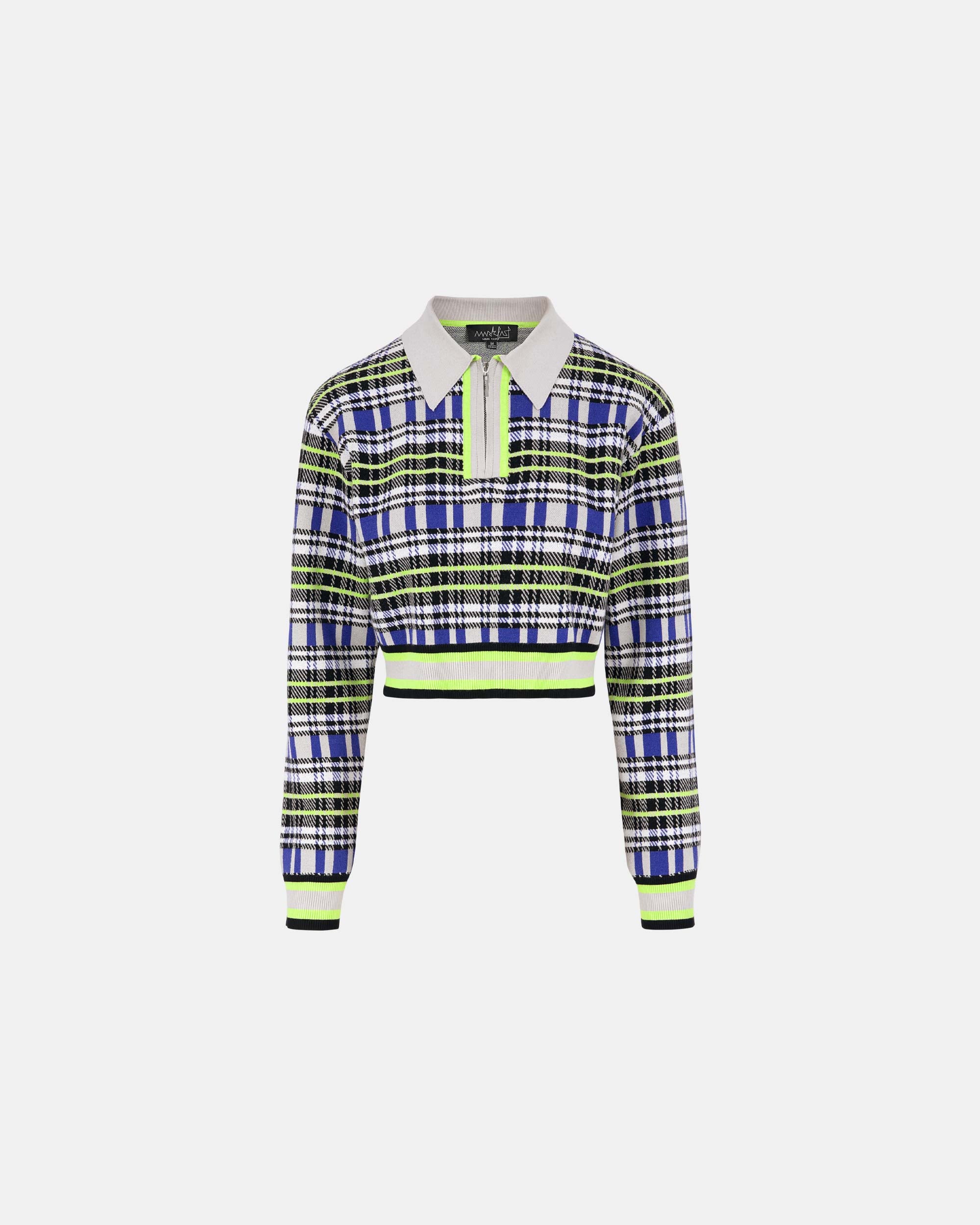 Women's Neon Plaid Checkered Half Zip Cropped Polo Sweater
