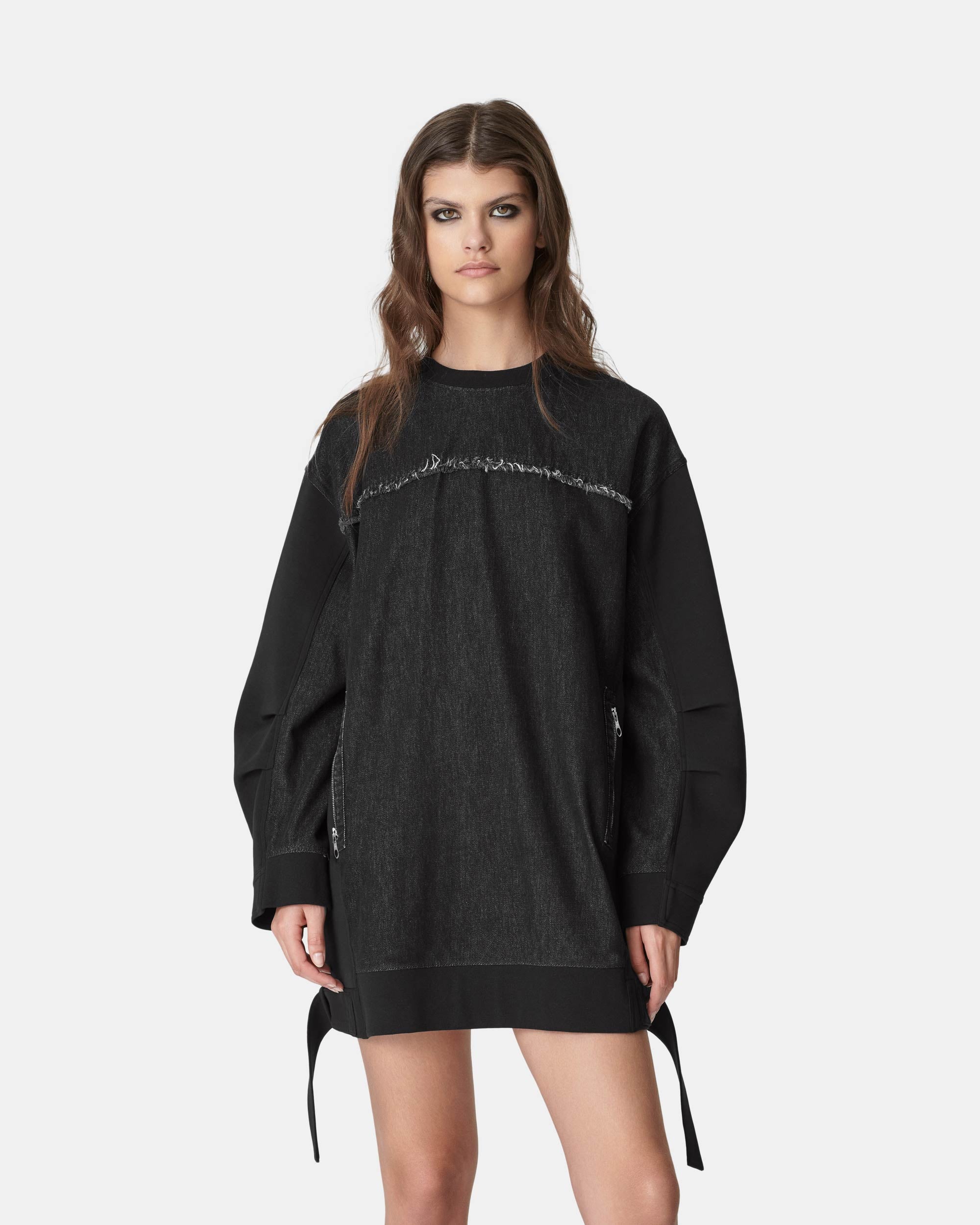 Women's Oversized Mixed Media Denim Sweatshirt Dress with Raw Edge Details