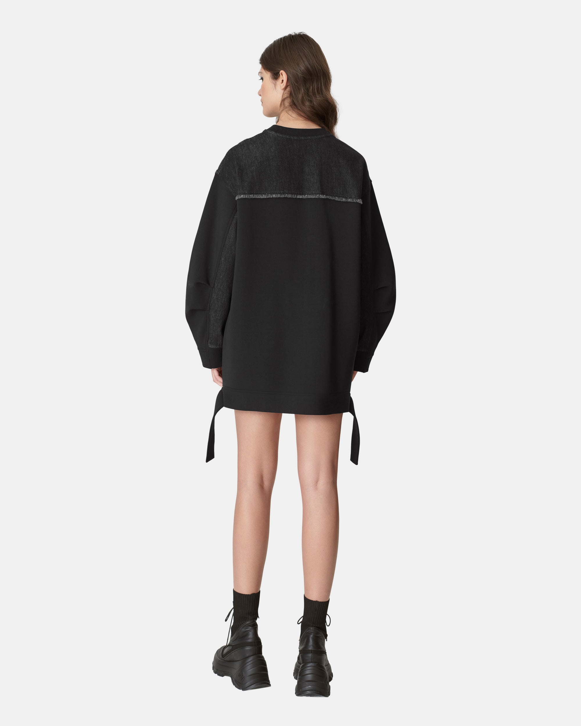 Women's Oversized Mixed Media Denim Sweatshirt Dress with Raw Edge Details