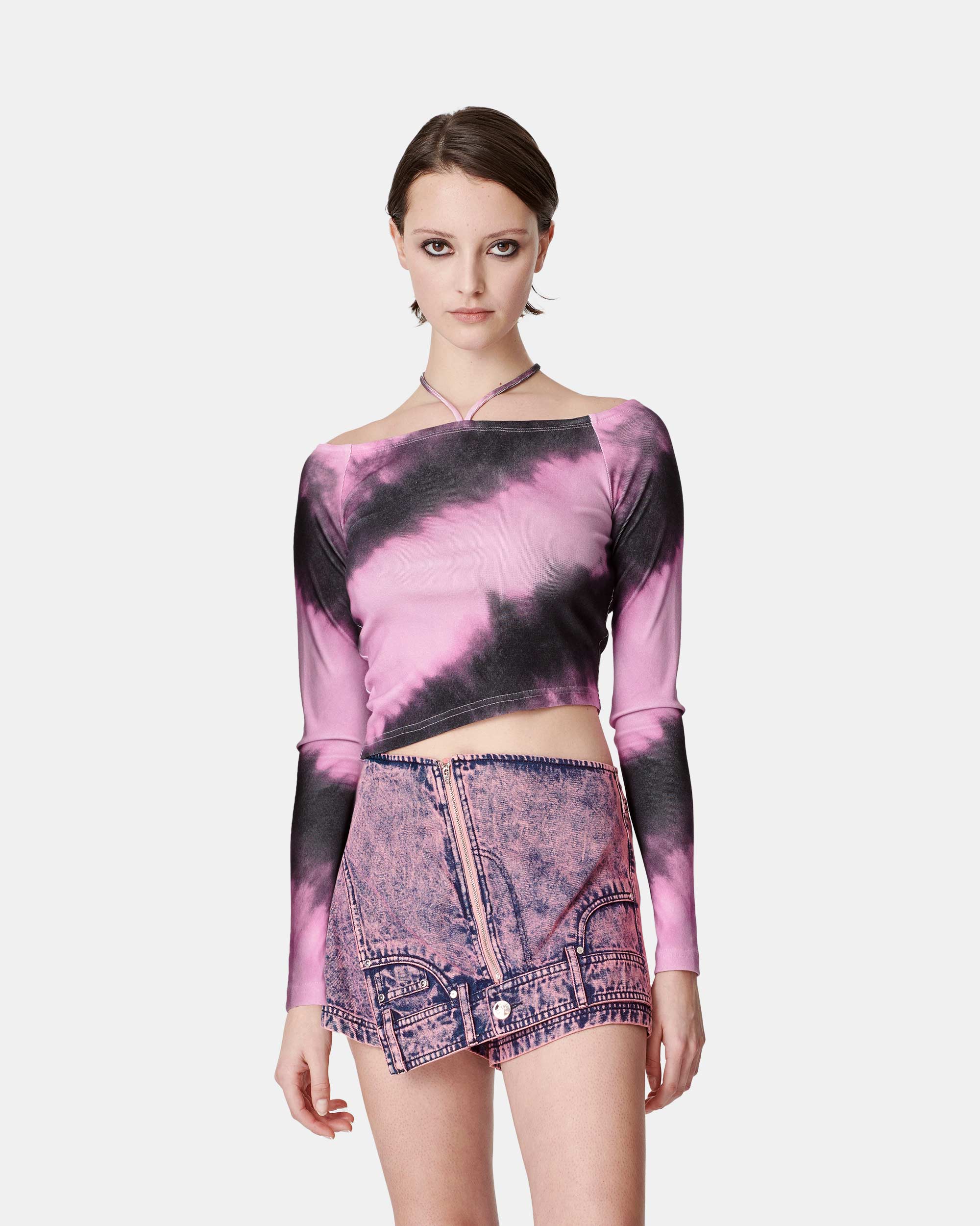 Women's Pink Tie Dye Halter Tie Off Shoulder Top