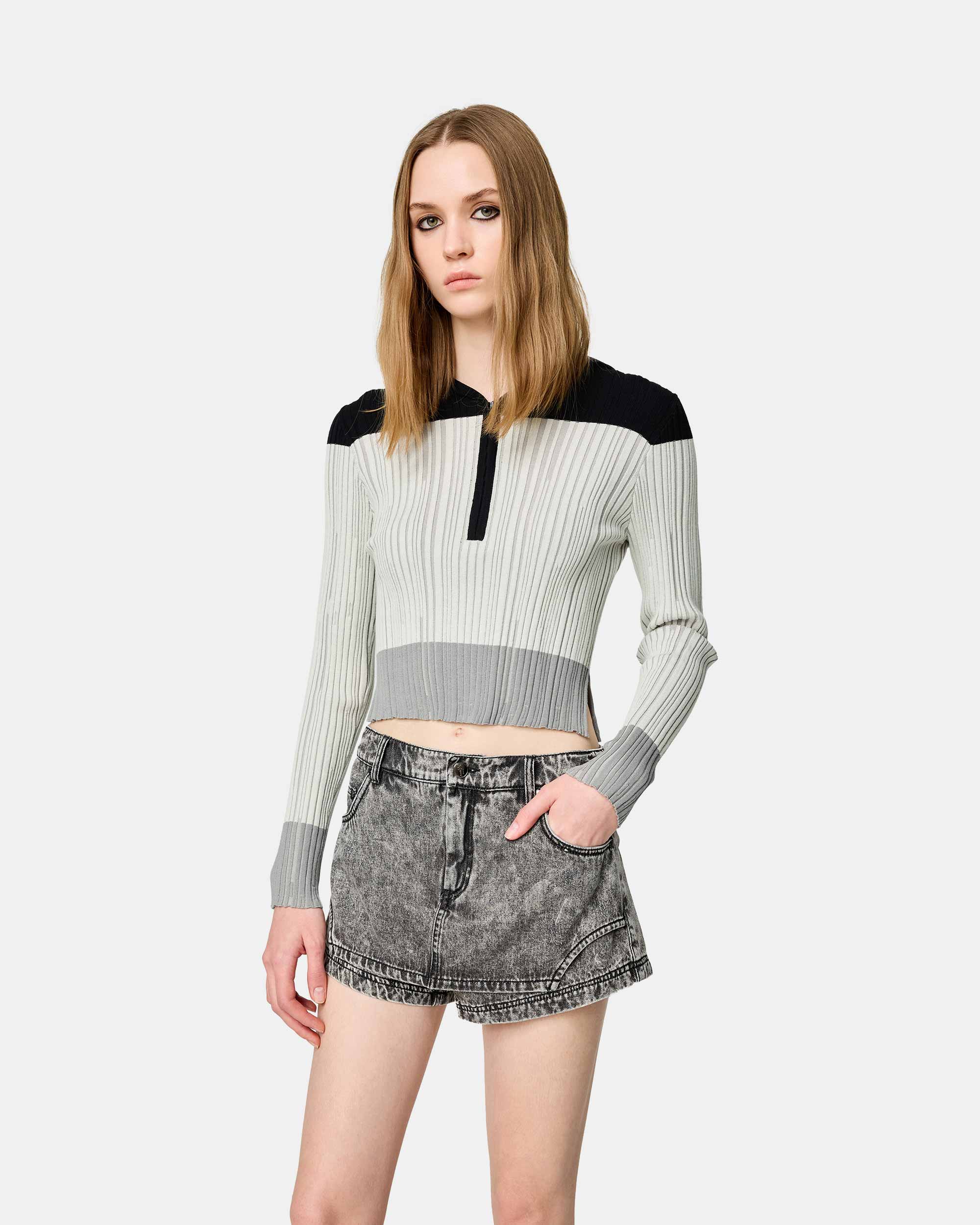Women's Quarter Zip Colorblock Ribbed Knit Cropped Pullover