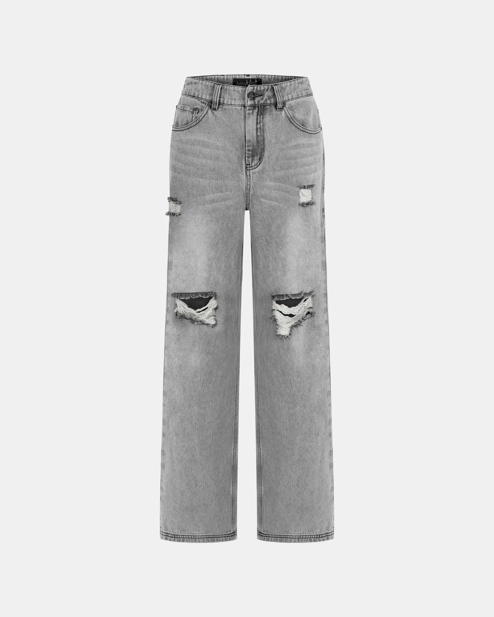 Women's Ripped Light Grey Straight Leg Jeans