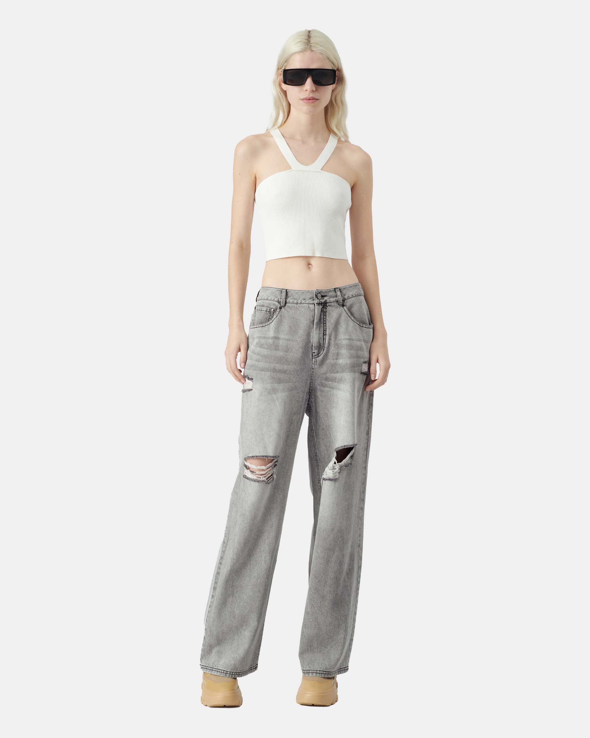 Women's Ripped Light Grey Straight Leg Jeans