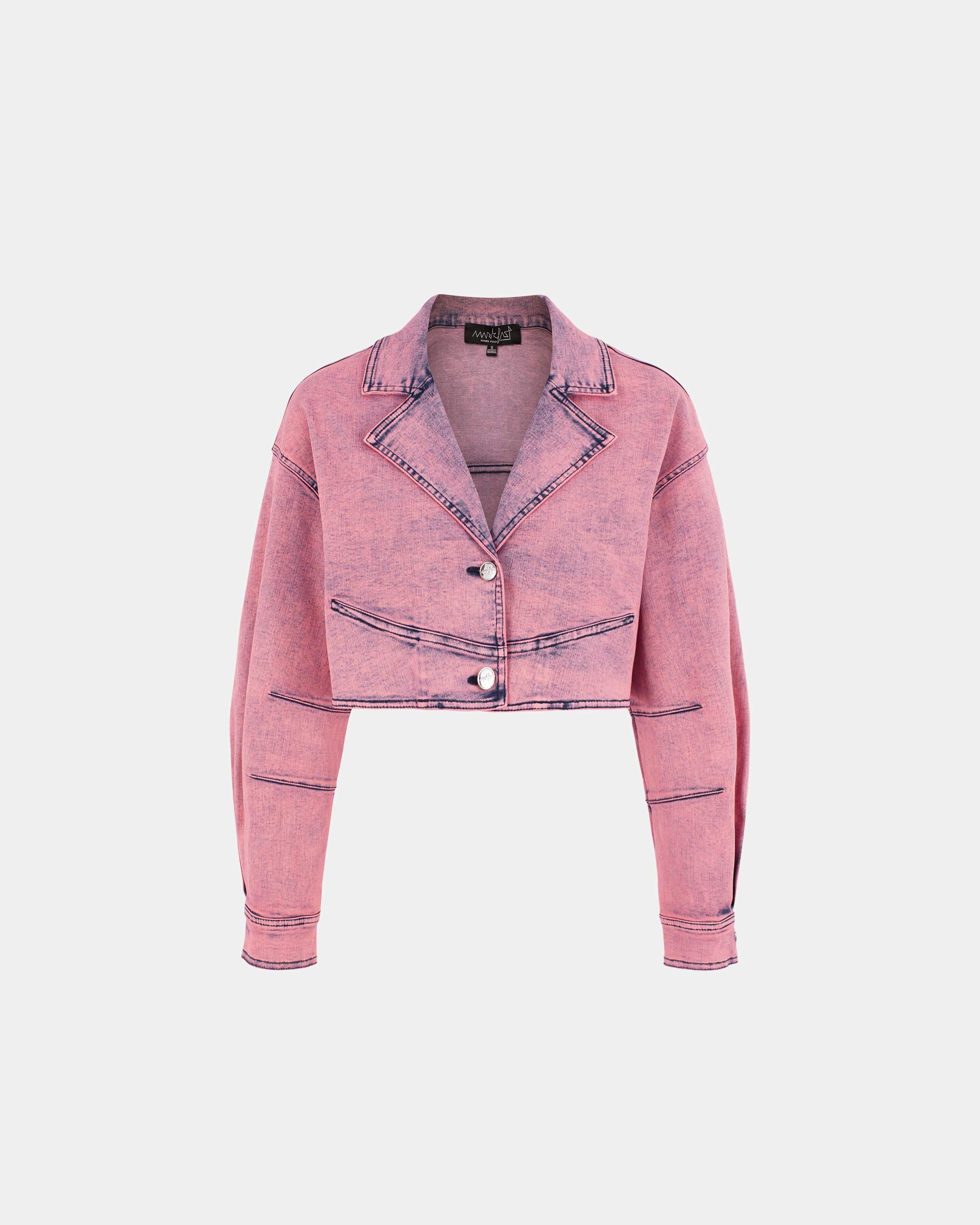 Women's Vintage Acid Wash Dusty Pink Notched Collar Crop Denim Jacket