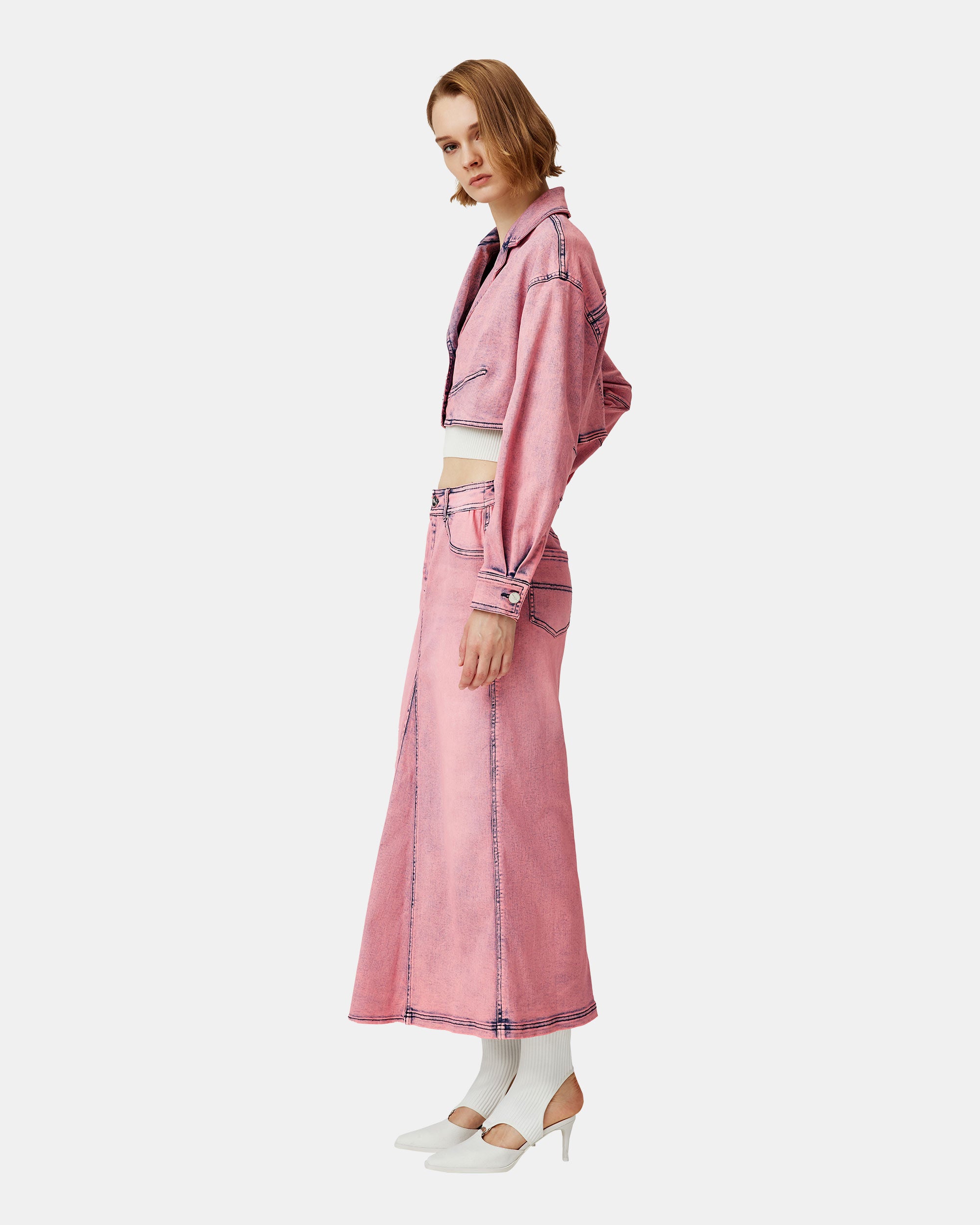 Women's Vintage Acid Wash Dusty Pink Notched Collar Crop Denim Jacket