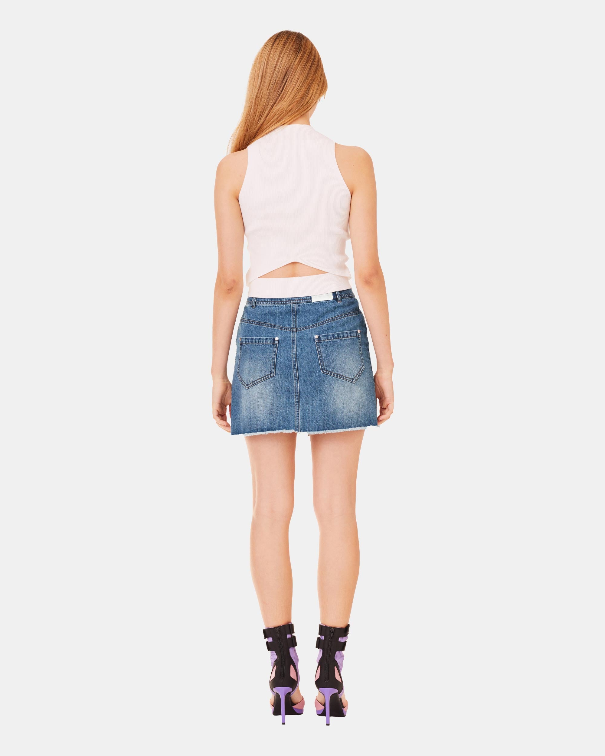 Women's Zip-Up Raw Edge Ripped Denim Skirt