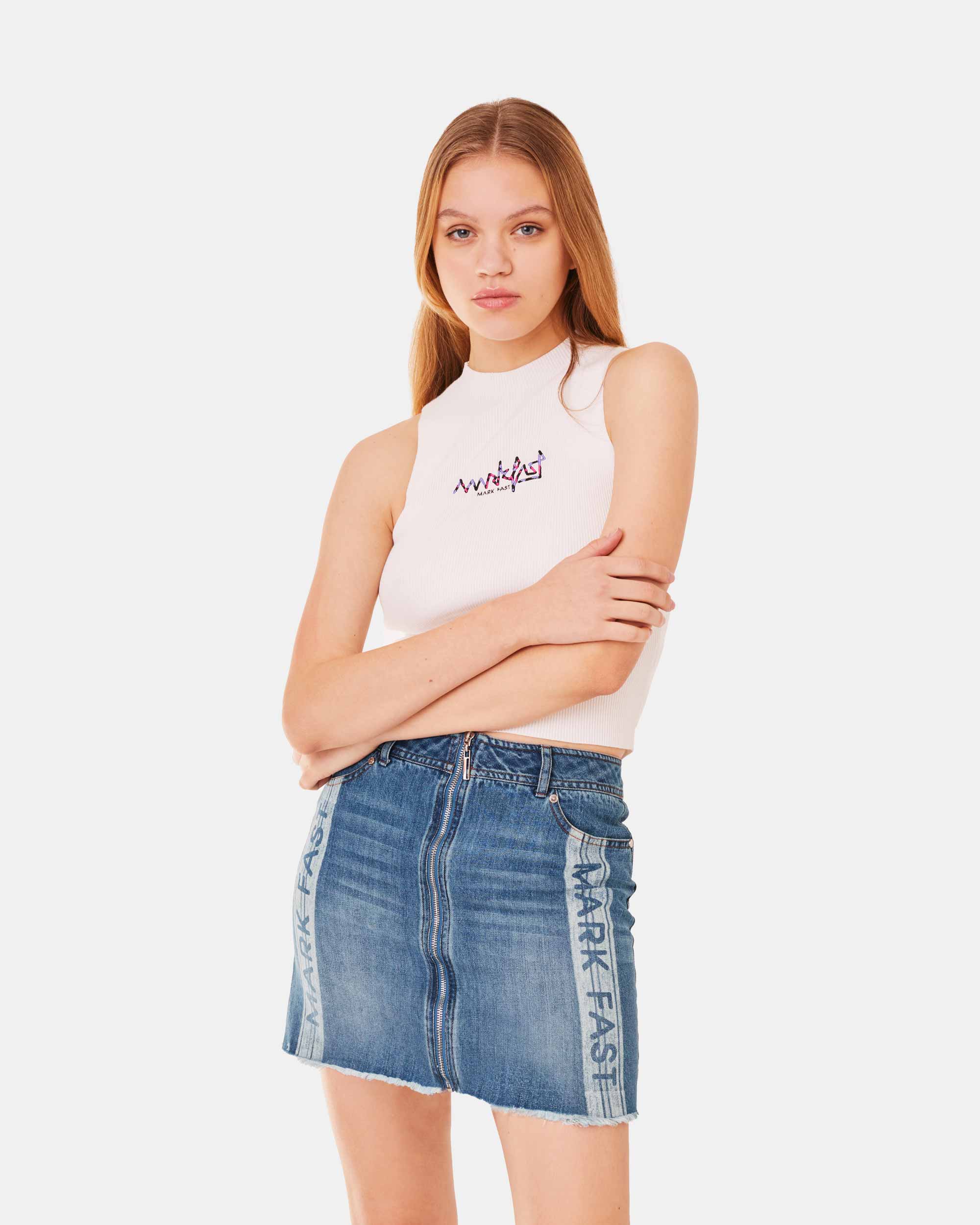 Women's Zip-Up Raw Edge Ripped Denim Skirt