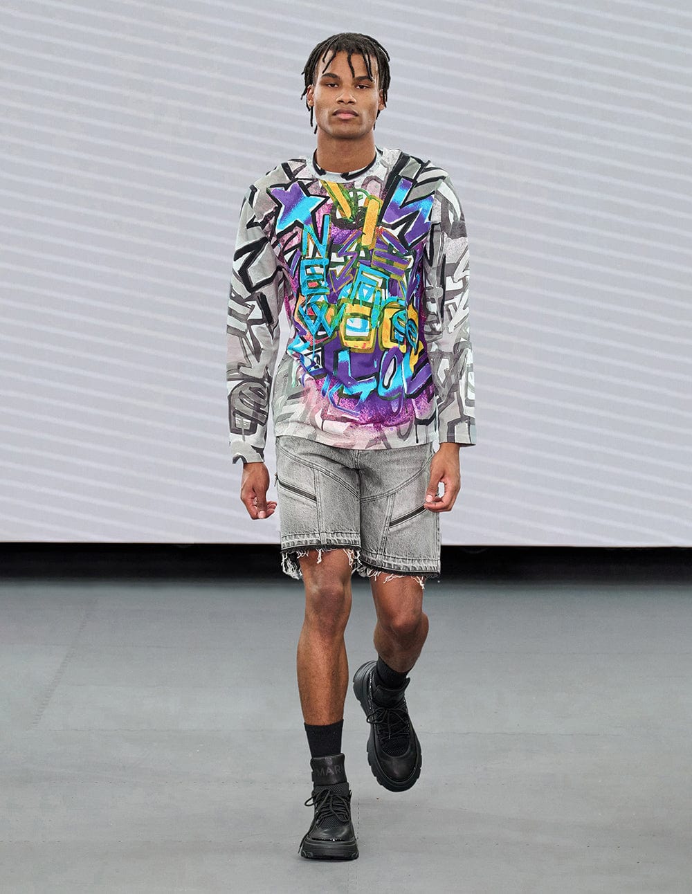 Men's Distressed Charcoal Paneled Knee Length Denim Runway Shorts