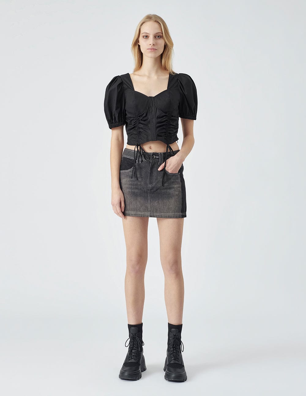 Women's Black Puff Sleeve Ruched Bolero