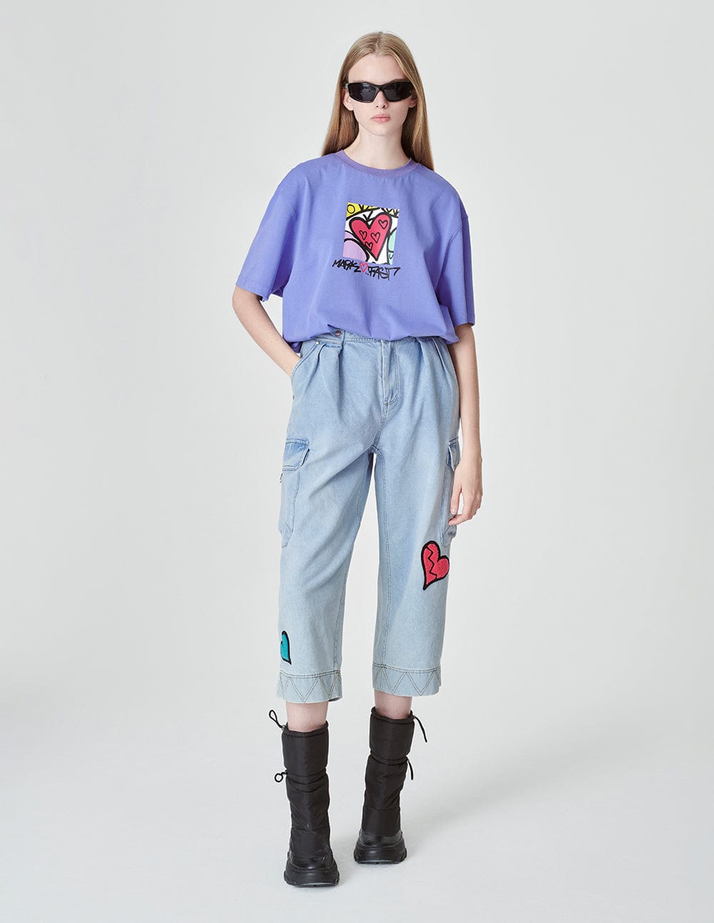 Women's High-Waisted Loose Straight-Leg Cropped Jeans with Heart Patches