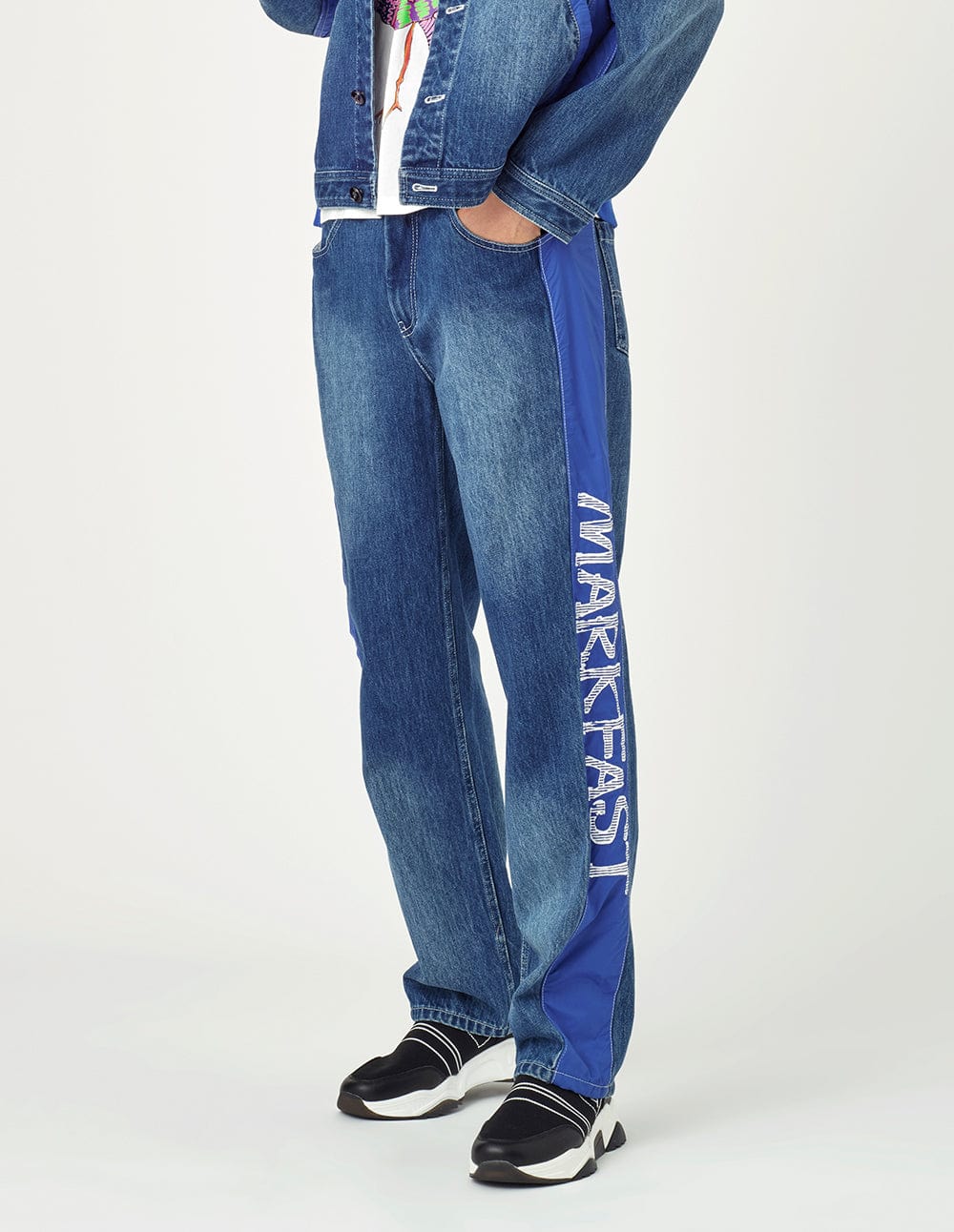 Men's Retro Side Stripe Relaxed Straight Leg Mid Wash Blue Denim Jeans