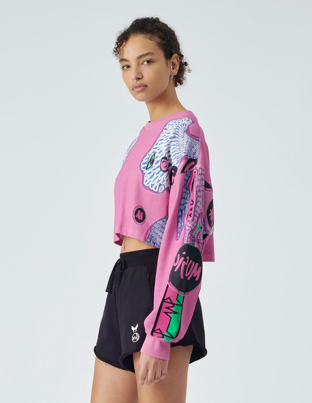 Women's Grey Contrast Print Crop Hoodie Sweatshirt