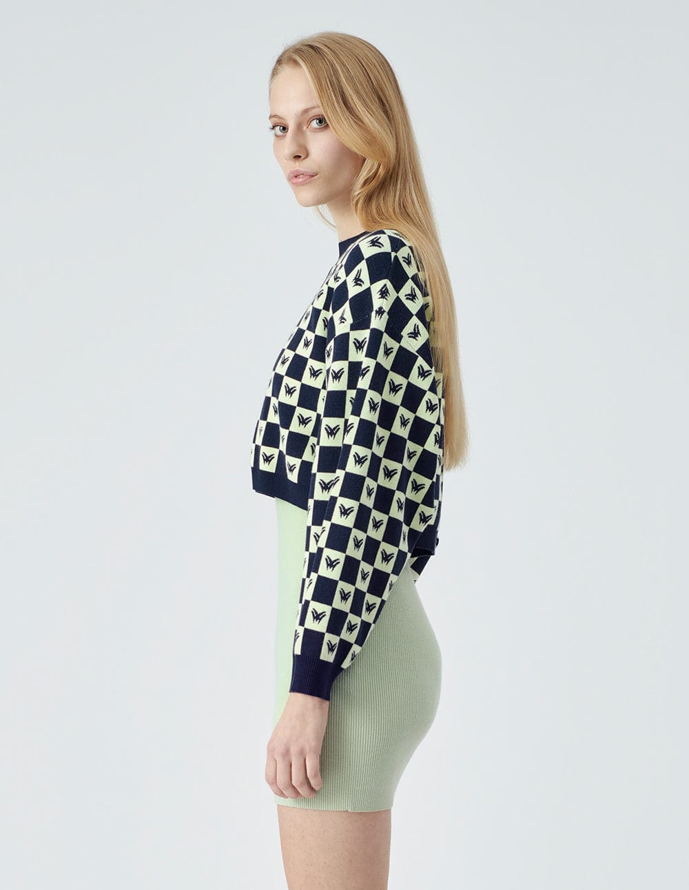 Women's Blue And Green Checkerboard Knit Sweater