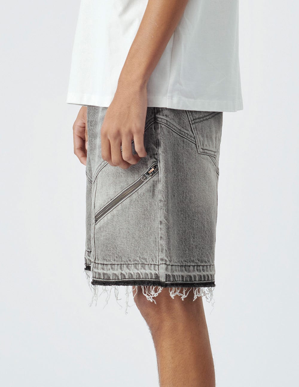 Men's Distressed Charcoal Paneled Knee Length Denim Runway Shorts