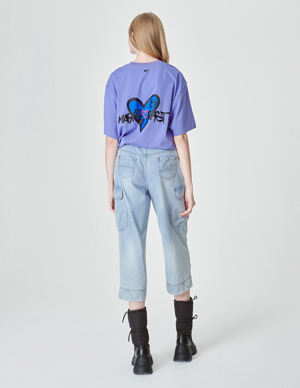 Women's High-Waisted Loose Straight-Leg Cropped Jeans with Heart Patches